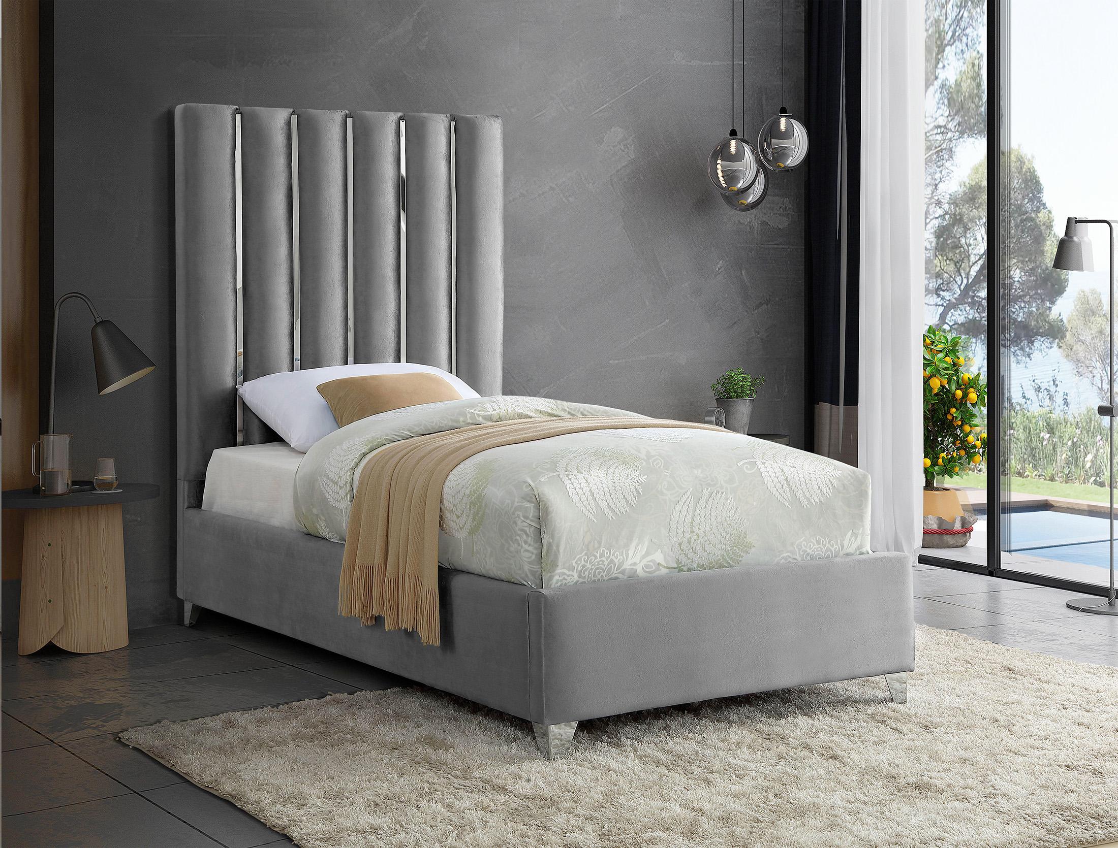

    
Glam Grey Velvet Channel Tufted Twin Bed Enzo Meridian Contemporary Modern
