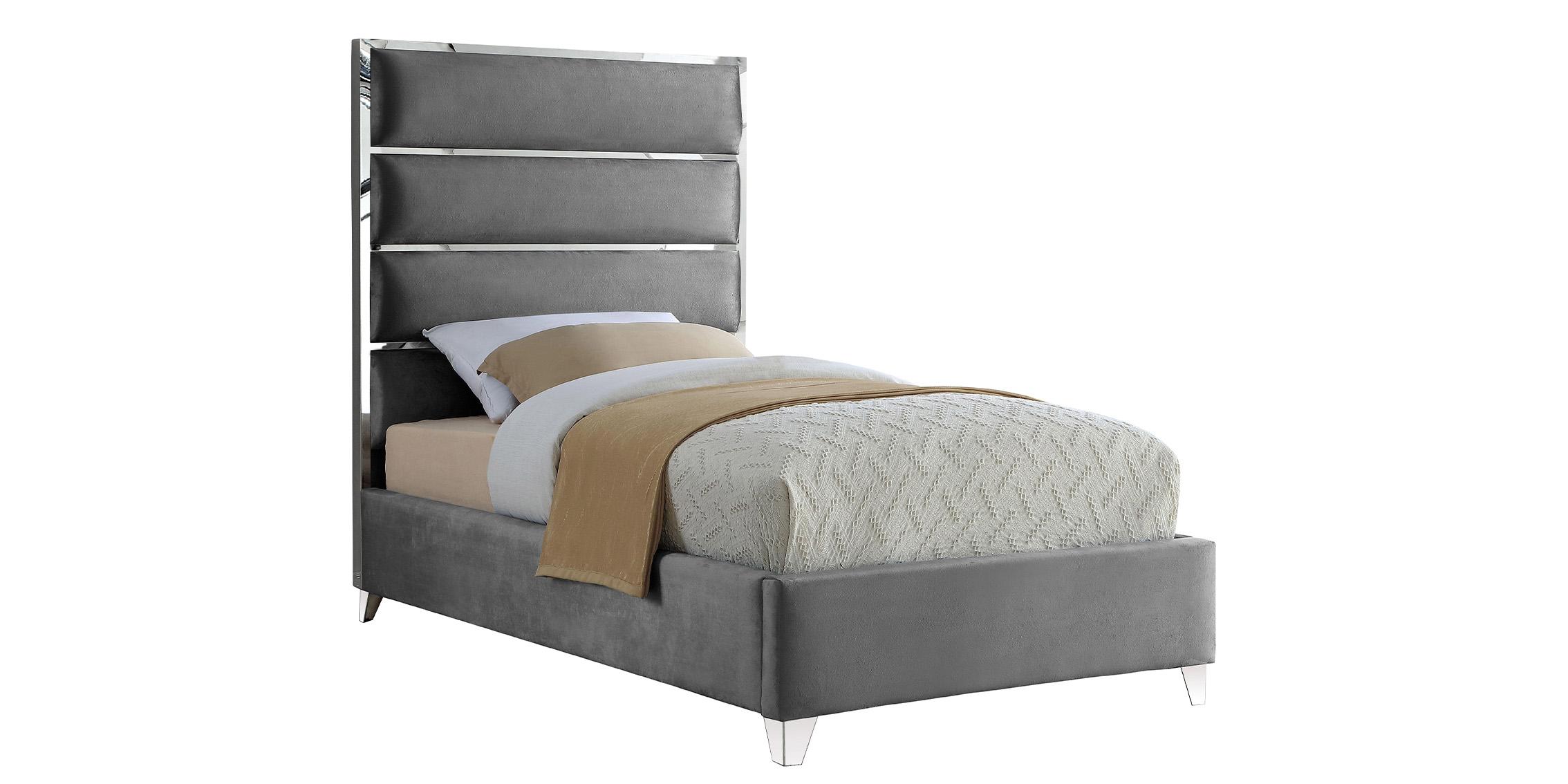 

    
Glam Grey Velvet Chrome Channel Twin Bed Zuma Meridian Contemporary Modern
