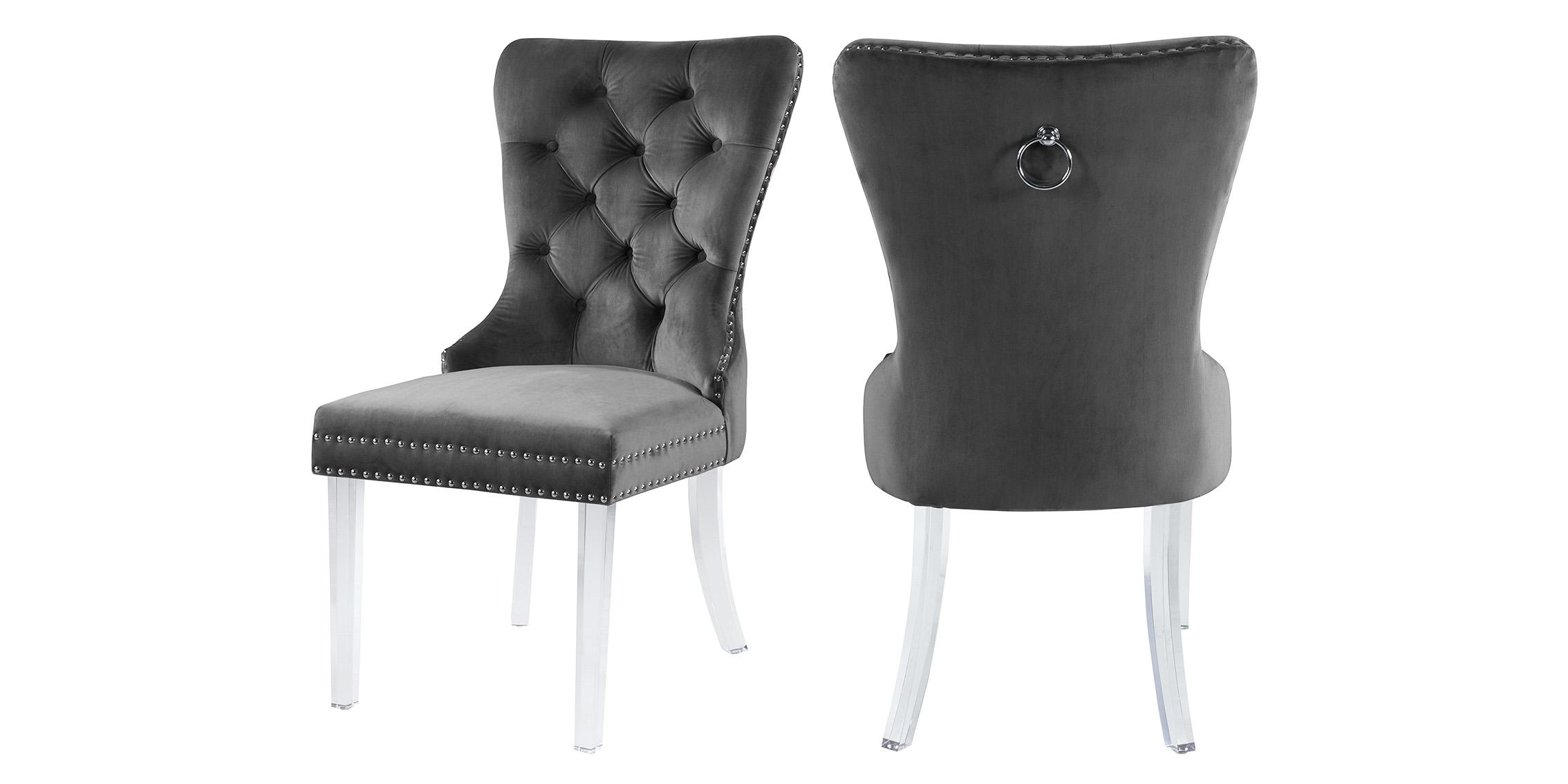 

    
Glam Grey Velvet Tufted Dining Chair Set 2Pcs MILEY 746Grey-C Meridian Modern
