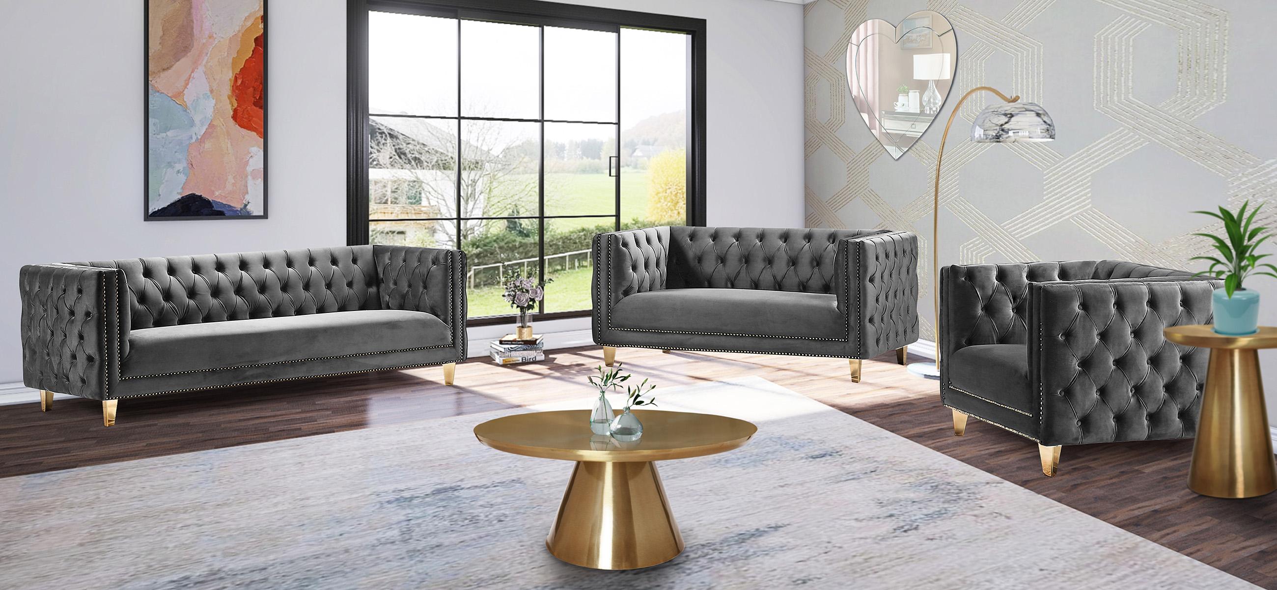 

    
 Photo  Glam Grey Velvet Sofa Set 2Pcs MICHELLE 652Grey Meridian Contemporary Modern
