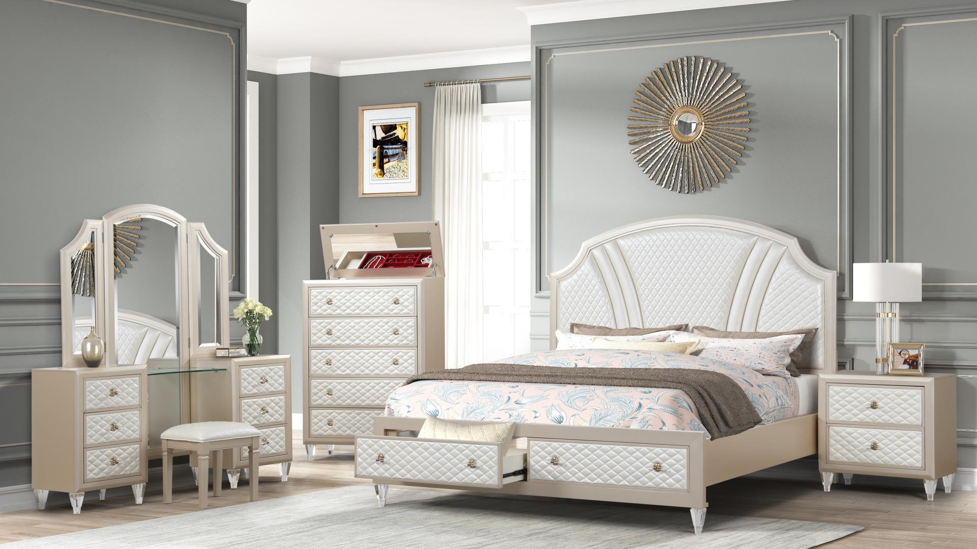 Contemporary, Modern Storage Bedroom Set TIFFANY TIFFANY-Q-NVS-4PC in Ivory, Champagne Eco-Leather