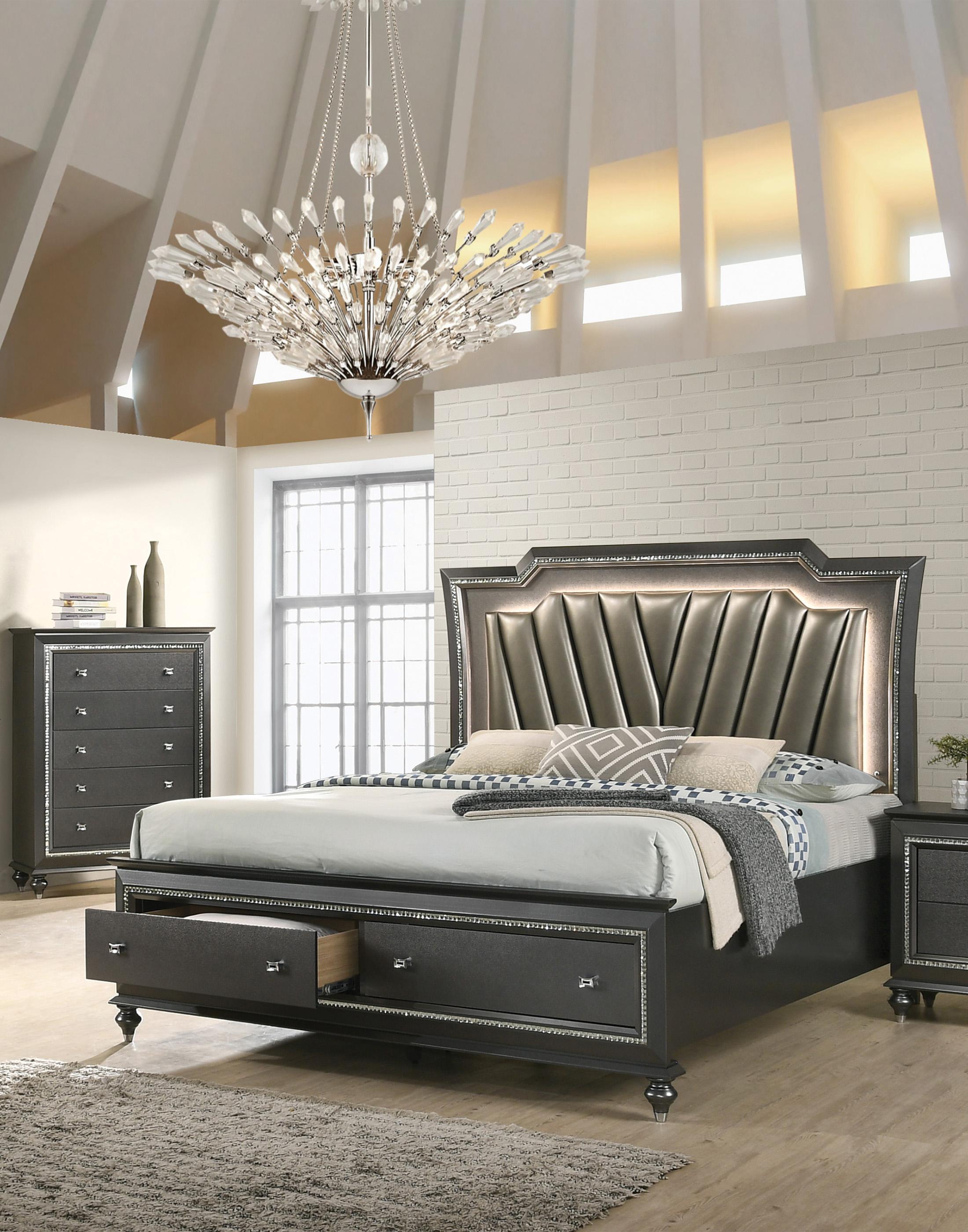 

    
Glam King Storage Bed w/LED Lights Metallic Grey 27277EK Kaitlyn Acme
