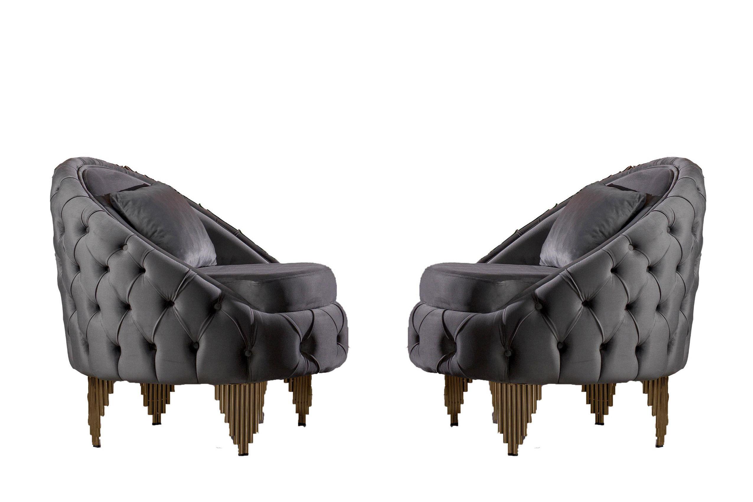 Contemporary, Modern Arm Chair Set VANESSA 698781477090-2PC in Gray, Gold Velvet
