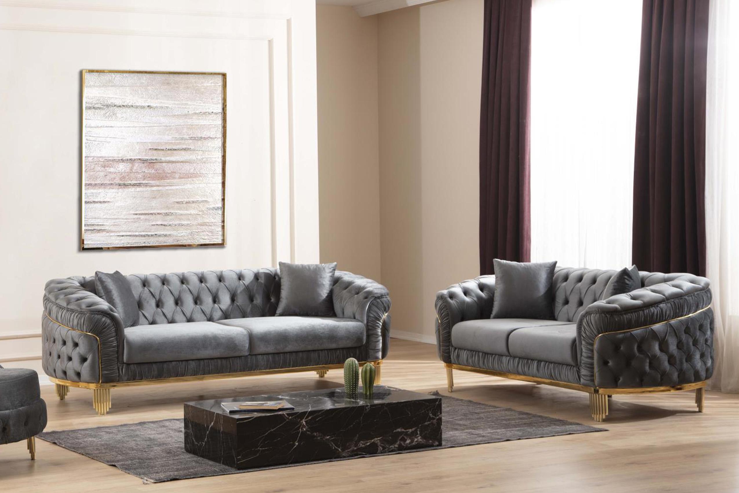 Contemporary, Modern Sofa Set VANESSA-GR VANESSA-GR-S-L in Gray, Gold Velvet