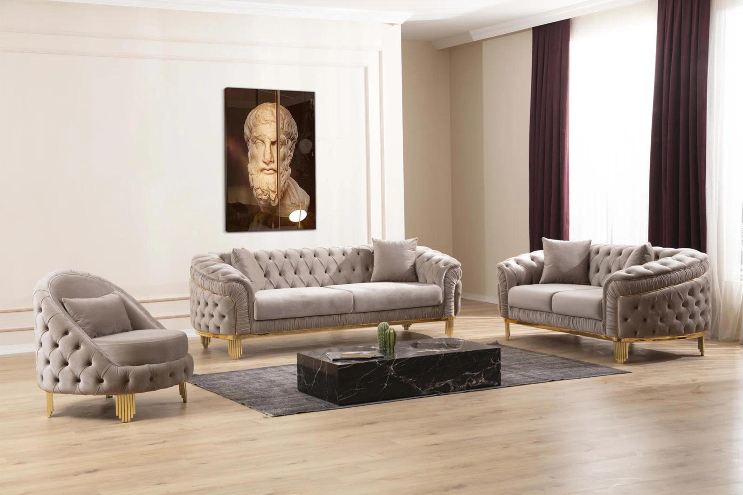 

    
 Shop  Glam & Luxury TAUPE Button Tufted Velvet Sofa Set 2Pc VANESSA Galaxy Home Modern
