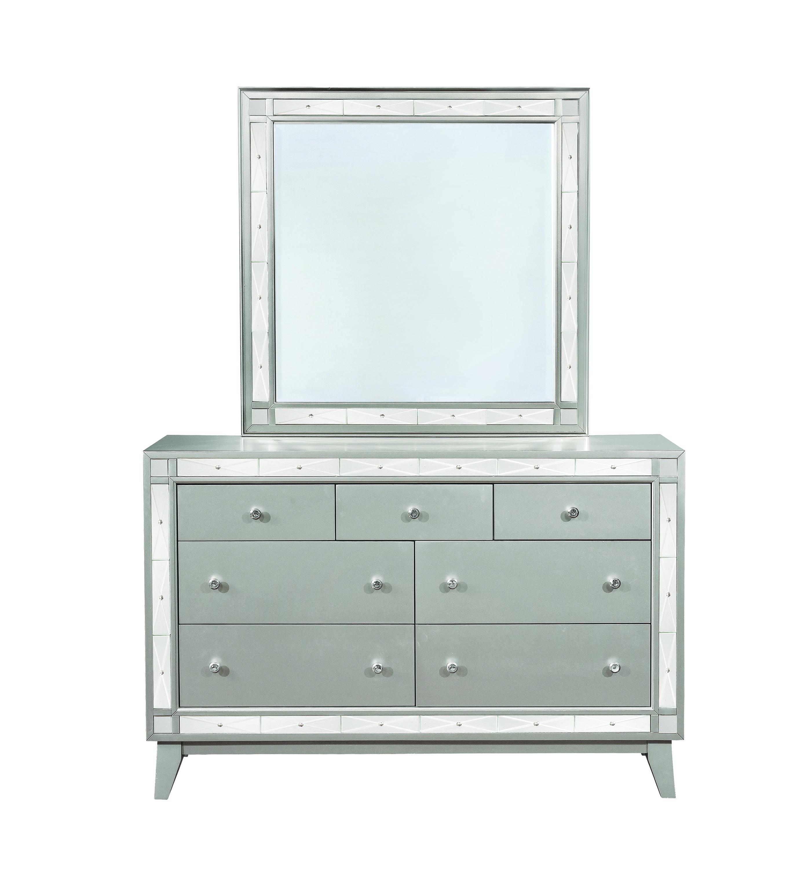 

    
Glam Metallic Mercury Solid Wood Dresser w/Mirror Coaster 204923 Leighton
