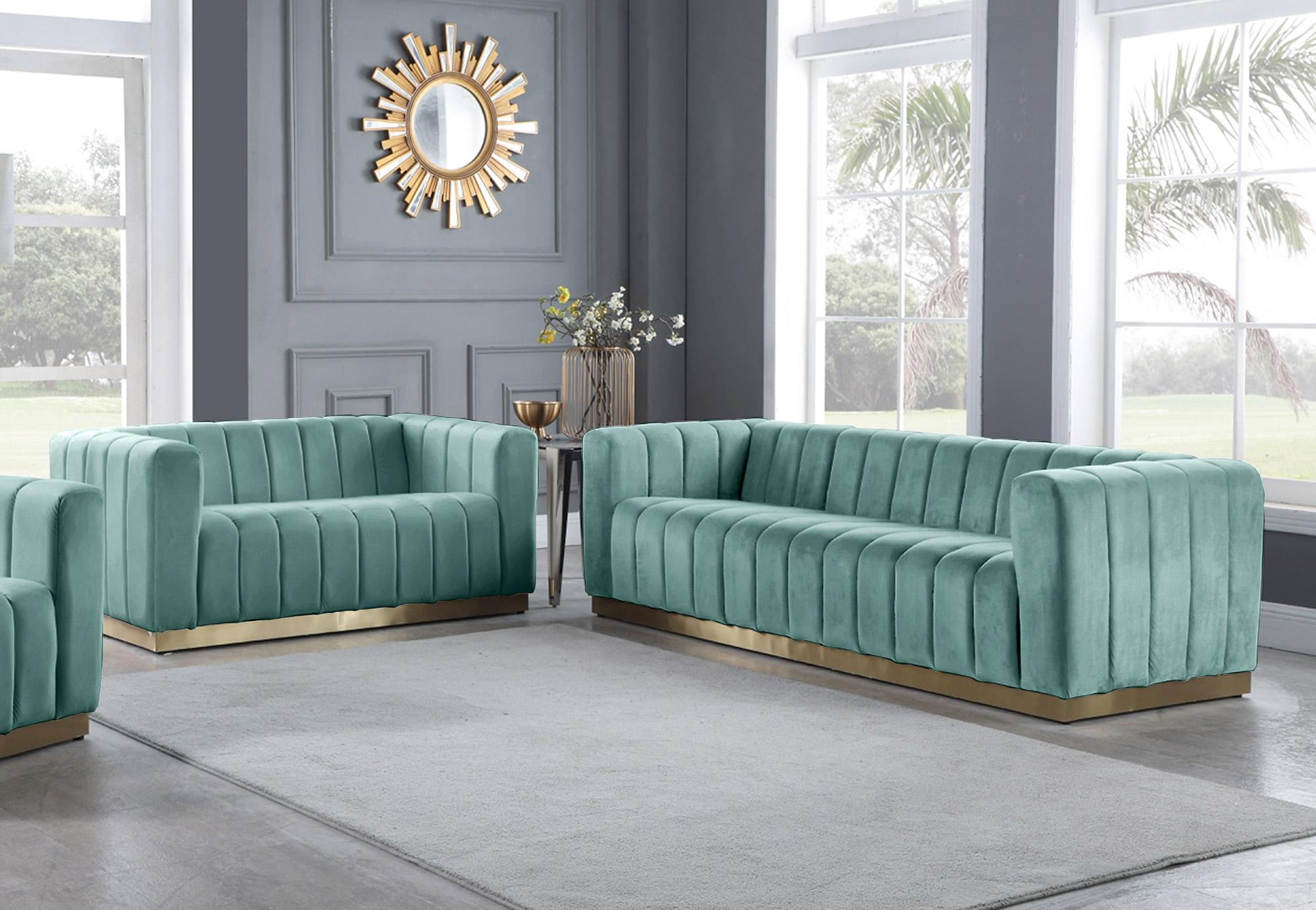 

    
 Shop  Glam Mint Velvet Channel Tufted Sofa Set 2Pcs MARLON 603Mint-S Meridian Modern
