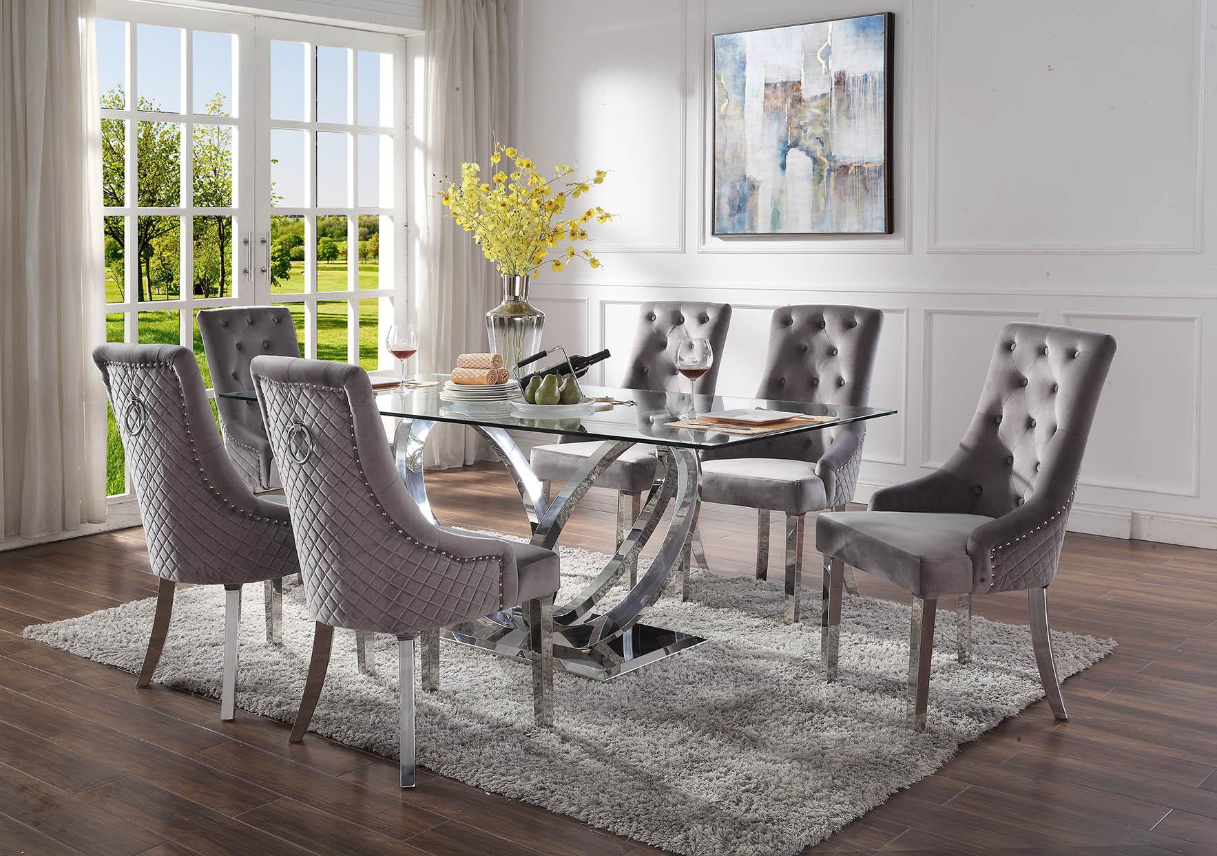 Contemporary, Modern Dining Table Set Finley Satinka 68260-68264-Set-7 in Silver, Gray Fabric