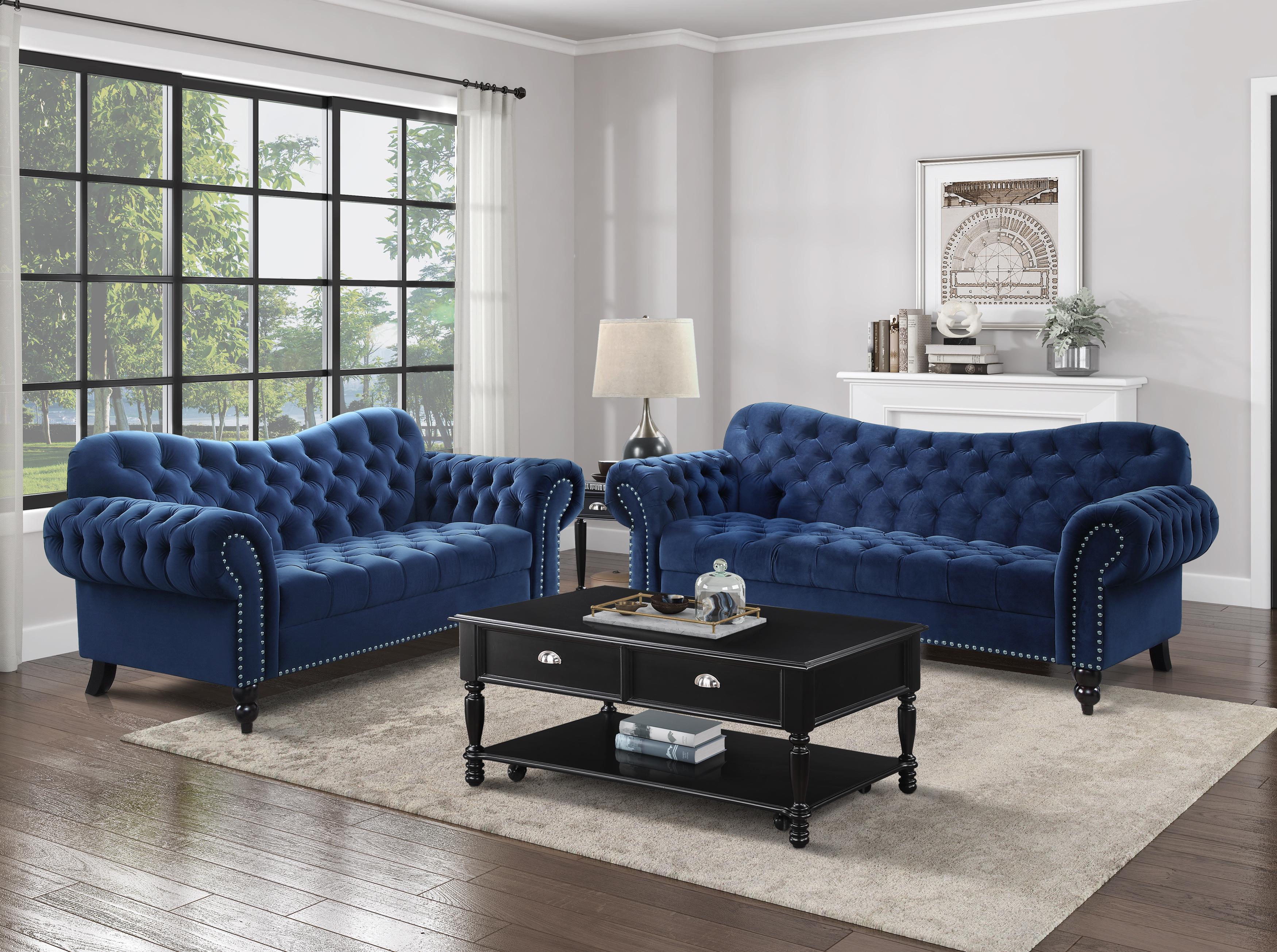

    
Glam Navy Blue Velvet Living Room Set 2pcs Homelegance 9330BU Rosalie
