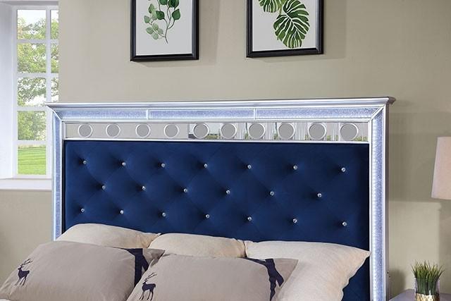 

    
Glam Navy & Silver Solid Wood Queen Bed Furniture of America CM7541NV-Q Mairead
