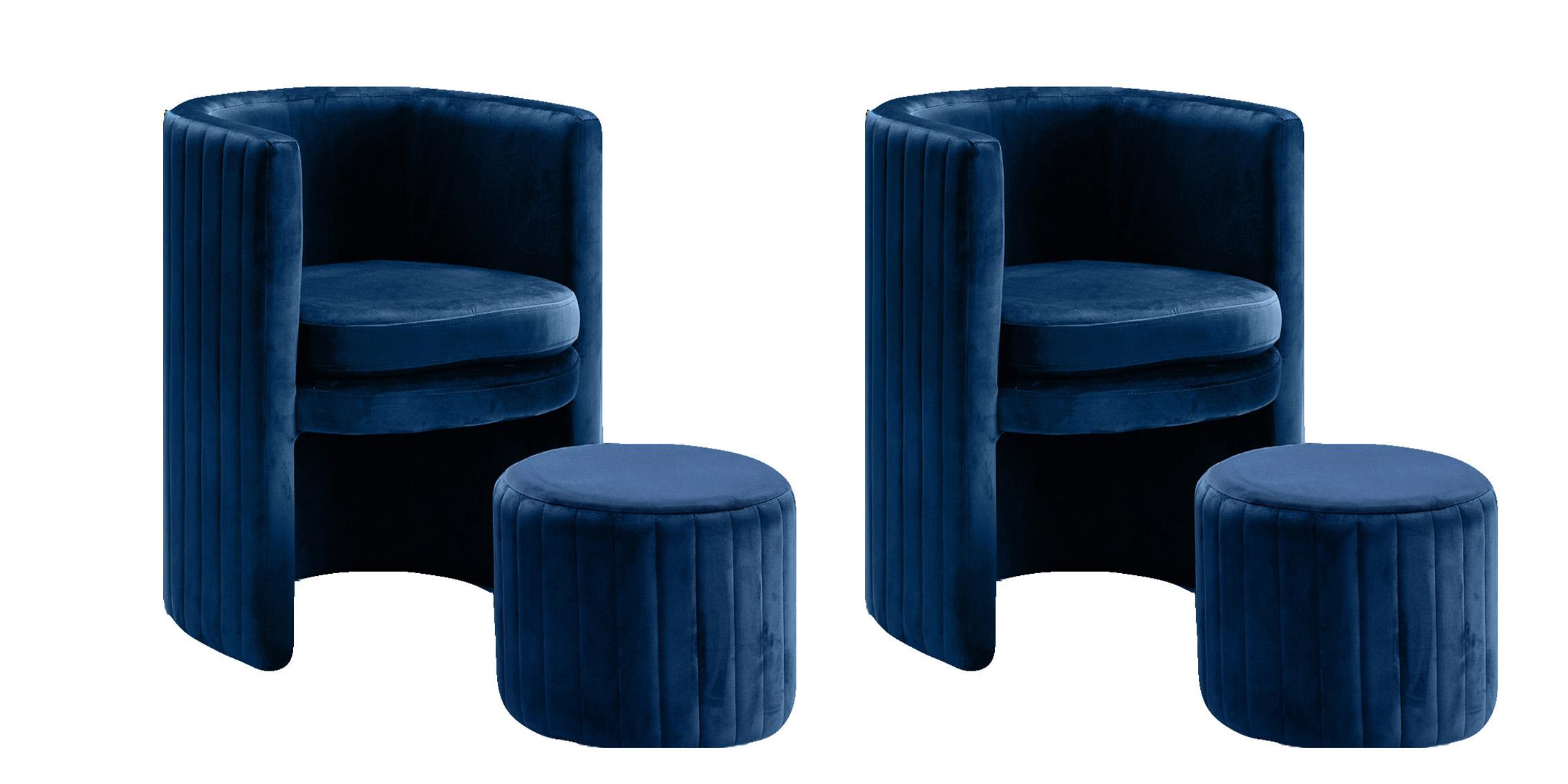 

    
Glam Navy Velvet Accent Chair & Ottoman Set 4Pcs SELENA 555Navy Meridian Modern
