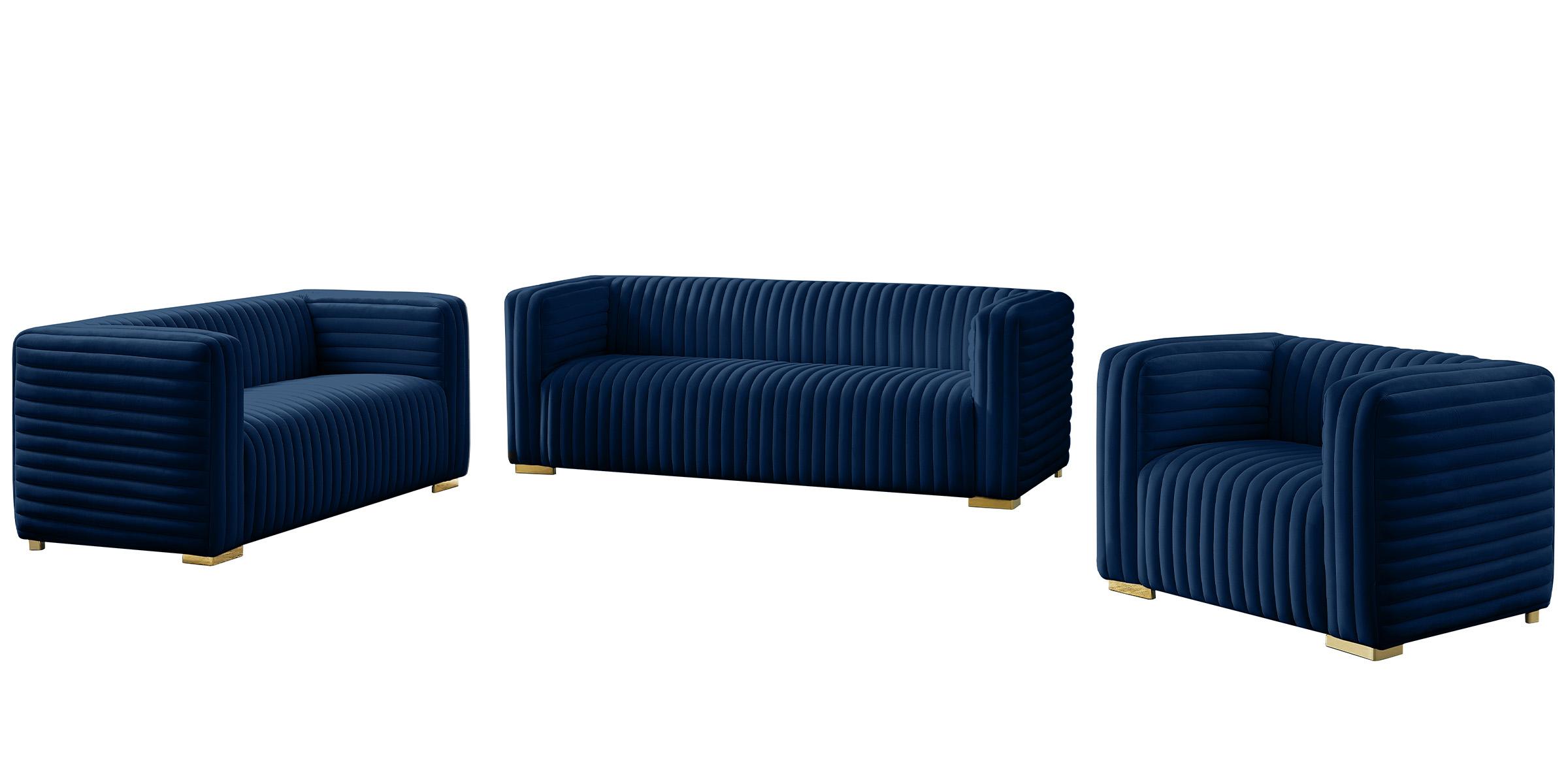 

    
Glam NAVY Velvet Channel Tufted Sofa Set 3Pcs Ravish 640Navy Meridian Modern
