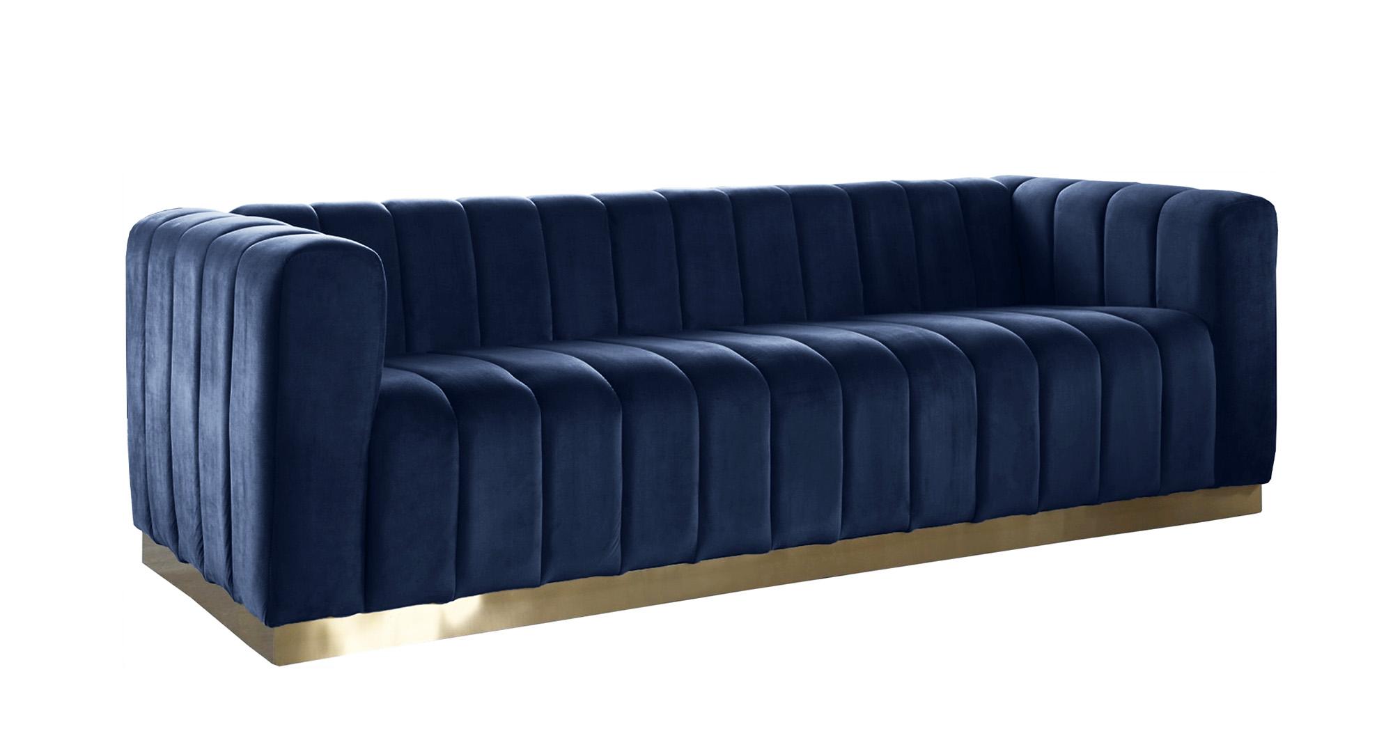 

    
Glam Navy Velvet Channel Tufted Sofa MARLON 603Navy-S Meridian Contemporary
