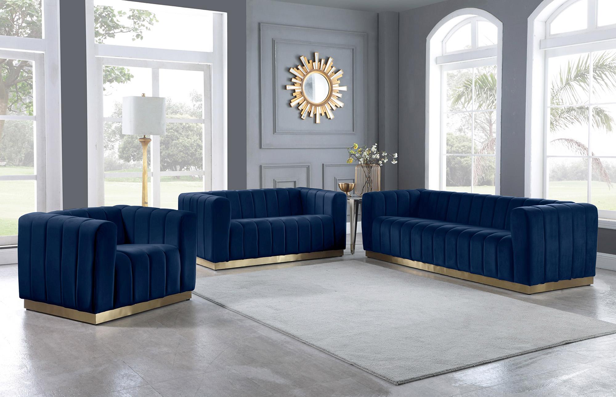 

    
 Photo  Glam Navy Velvet Channel Tufted Sofa Set 2Pcs MARLON 603Navy-S Meridian Modern
