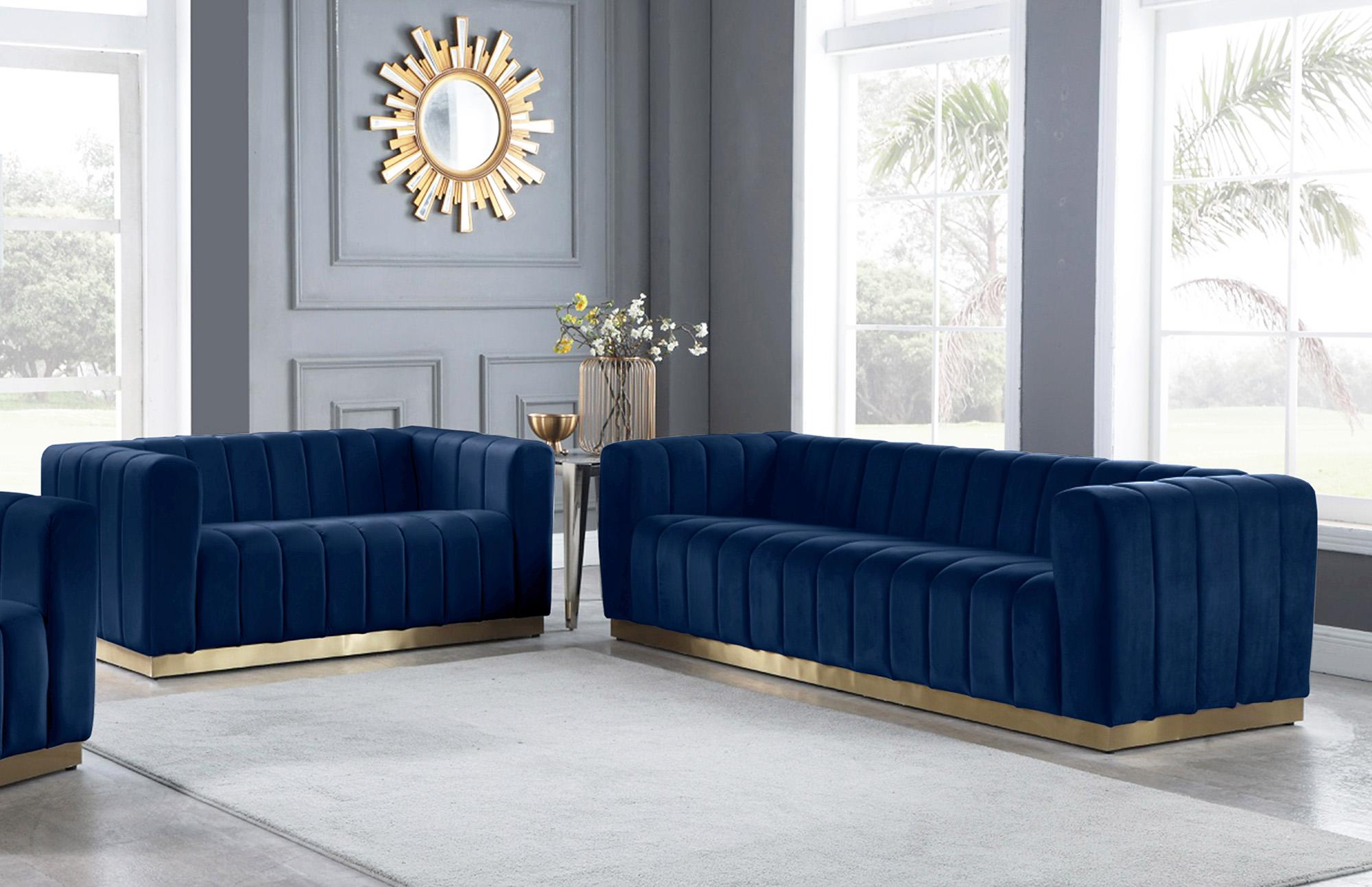 

    
 Shop  Glam Navy Velvet Channel Tufted Sofa Set 2Pcs MARLON 603Navy-S Meridian Modern
