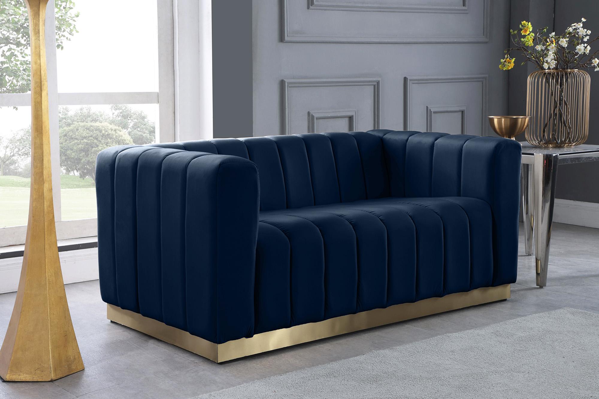 

    
Glam Navy Velvet Channel Tufted Sofa Set 3Pcs MARLON 603Navy-S Meridian Modern
