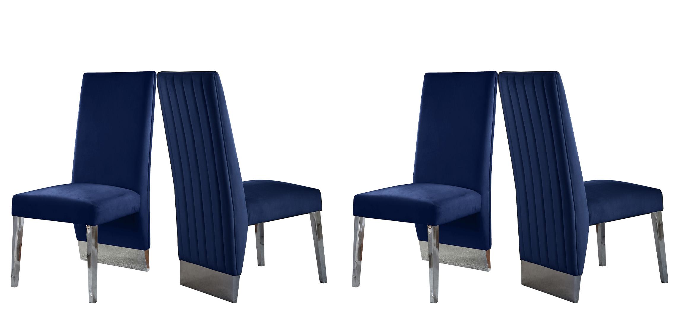 Contemporary, Modern Chair Set PORSHA 756Navy-C 756Navy-C-Set-4 in Chrome, Blue Velvet