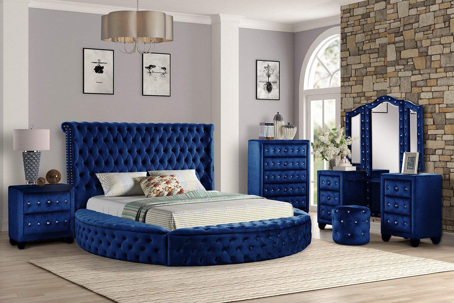Contemporary, Modern Storage Bedroom Set HAZEL GHF-733569302765-Set-4-VAN in Blue Velvet