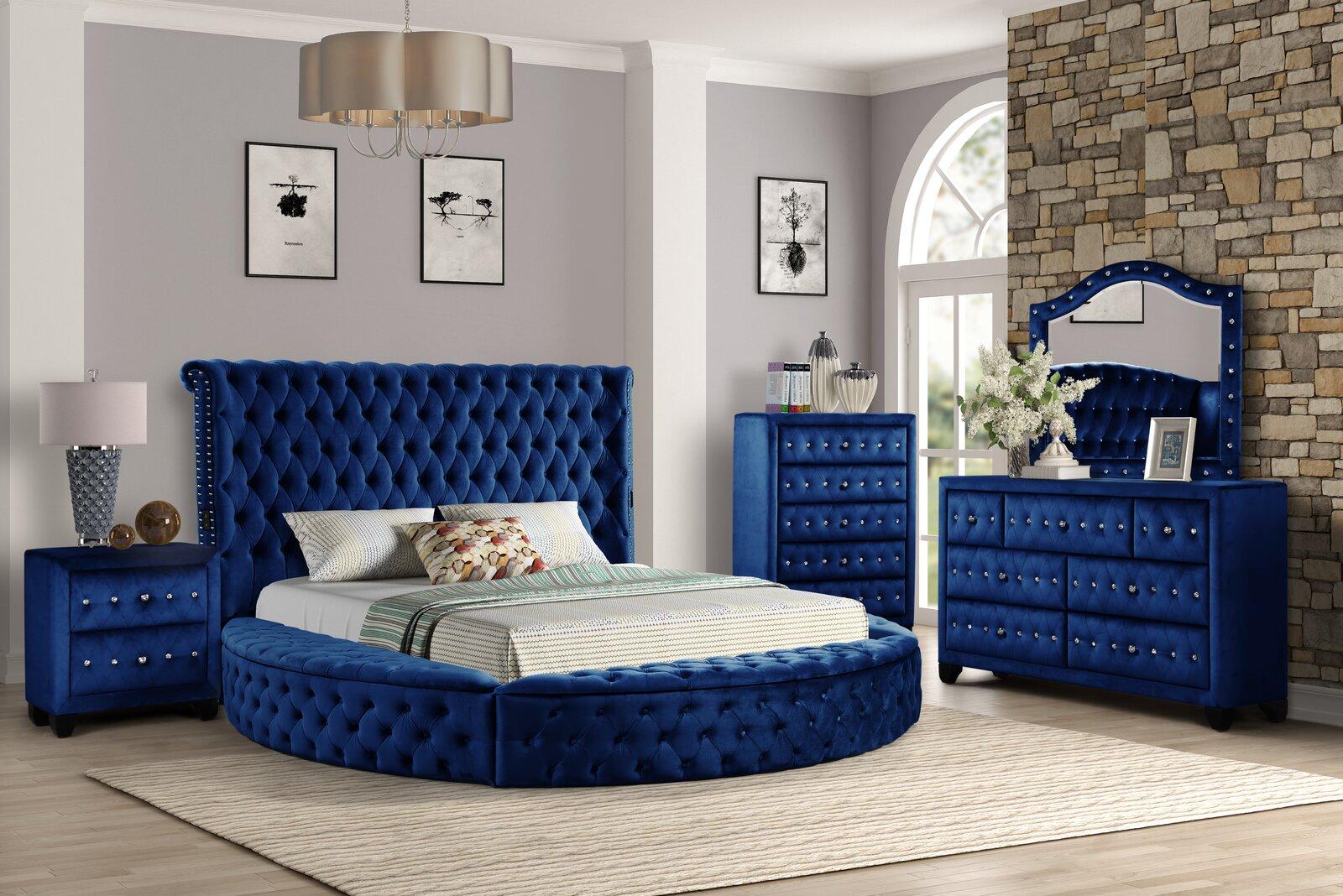 Contemporary, Modern Storage Bedroom Set HAZEL GHF-733569302765-Set-5 in Blue Velvet