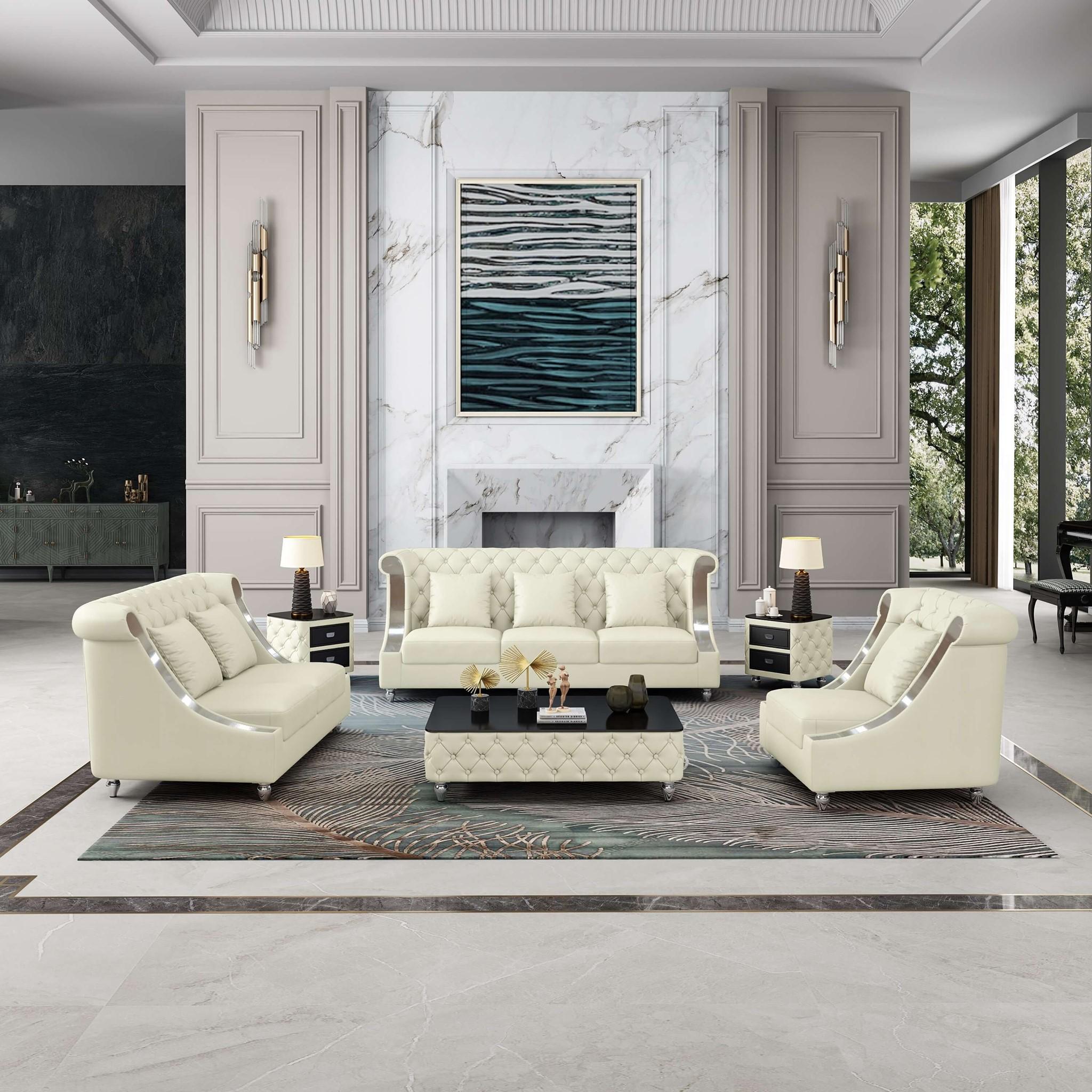 Contemporary, Modern Sofa Set MAYFAIR EF-90280-S-Set-3 in Off-White Leather