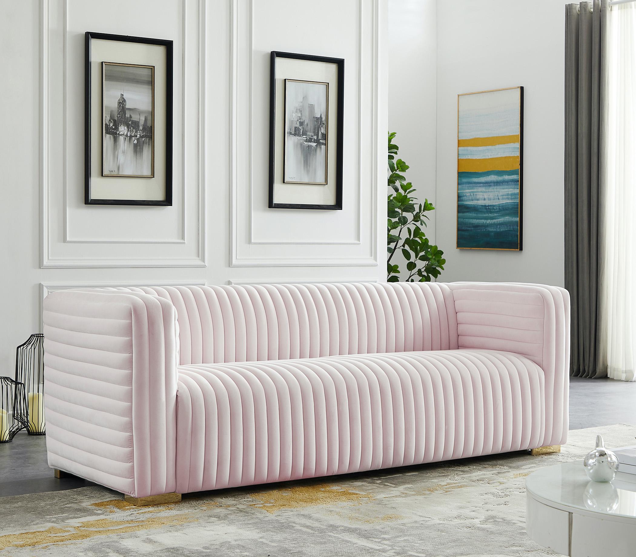 

    
Glam PINK Velvet Channel Tufted Sofa Ravish 640Green-S Meridian Contemporary
