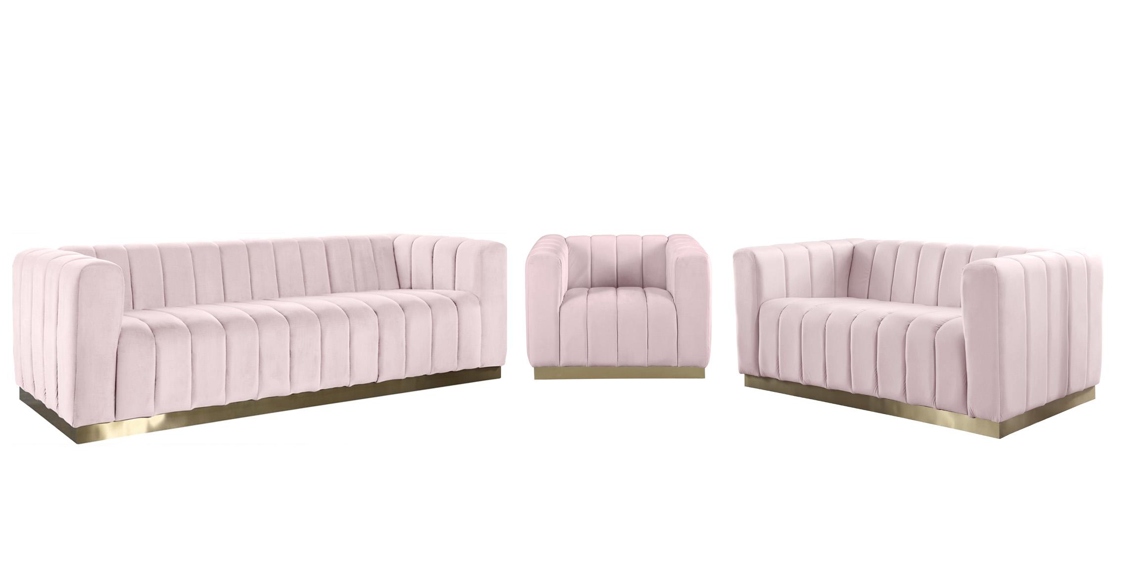 

    
Glam Pink Velvet Channel Tufted Sofa Set 3Pcs MARLON 603Pink-S Meridian Modern

