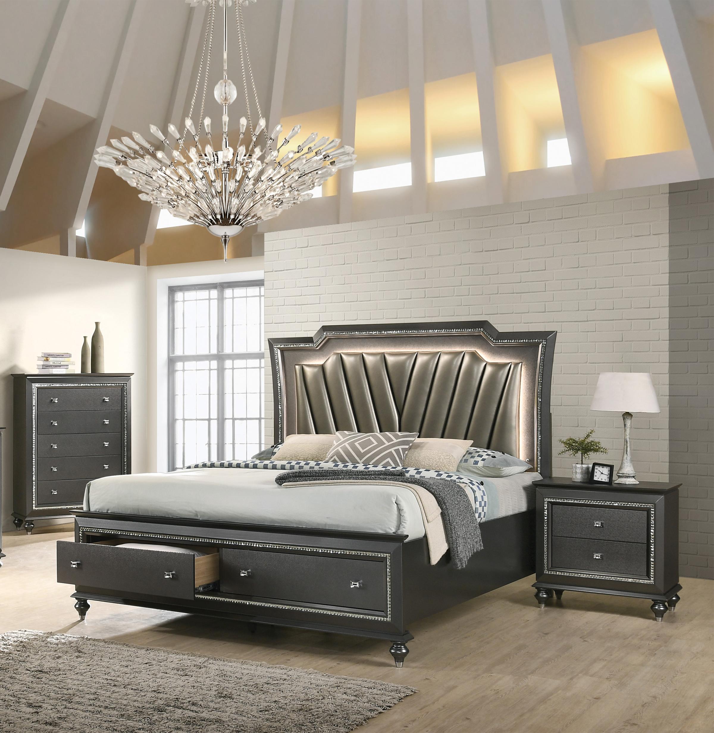

    
Glam Queen Storage Bed w/LED Lights Metallic Grey 27280Q Kaitlyn Acme
