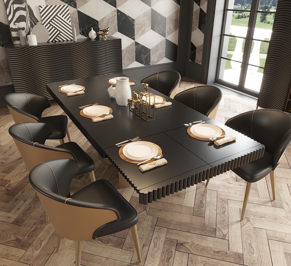 

    
WAVETABLEGREY-6PC Glam Shiny Dark Grey Dining Table w/ 2 Ext. Set 6Pcs WAVE ESF  MADE IN SPAIN
