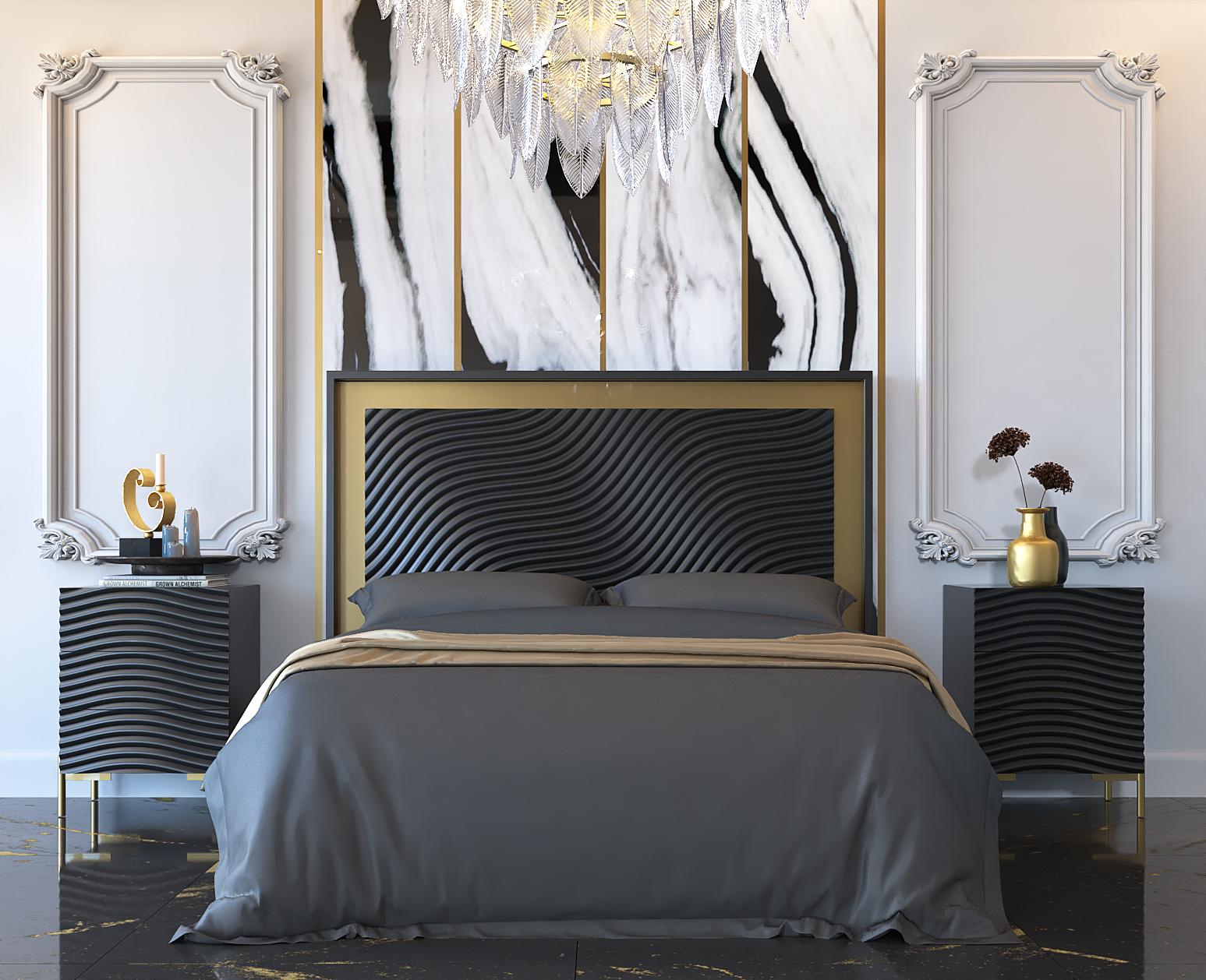 Contemporary, Modern Panel Bedroom Set WAVEKSBEDGREY WAVEKSBEDGREY-2N-3PC in Dark Grey 