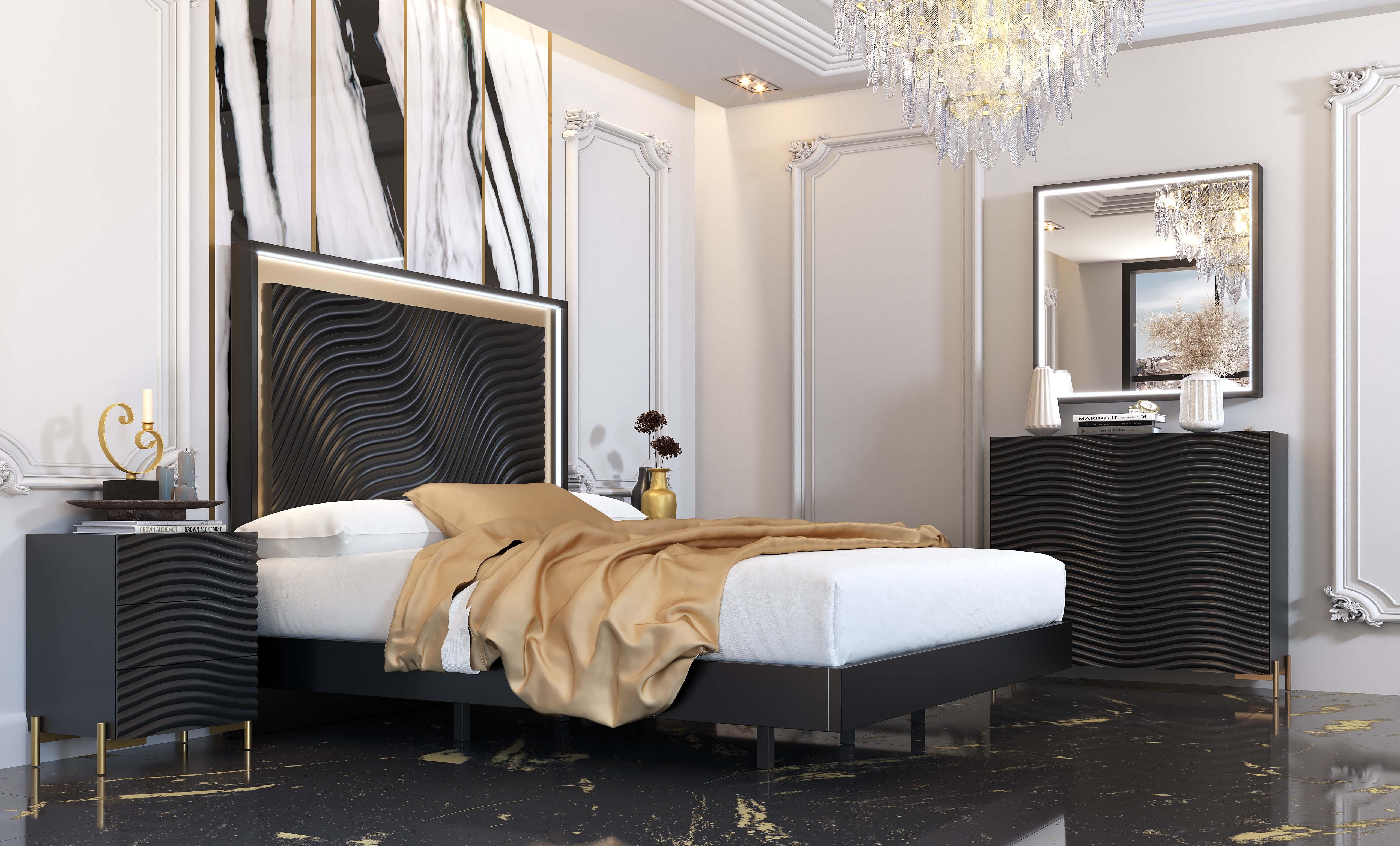 Contemporary, Modern Panel Bedroom Set WAVEKSBEDGREY WAVEKSBEDGREY-2NDMC-6PC in Dark Grey 