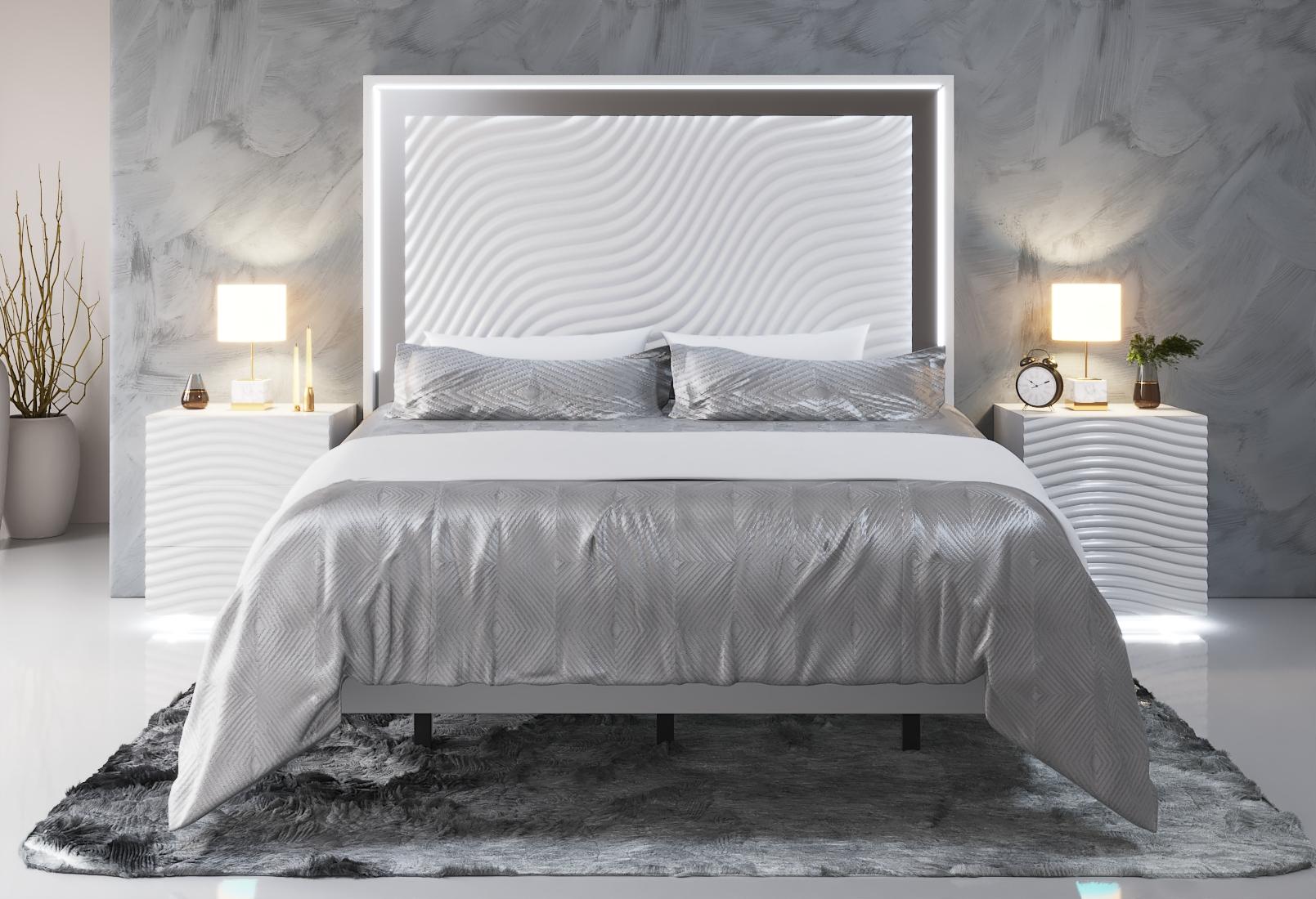 Contemporary, Modern Panel Bedroom Set WAVEKSBED WAVEKSBED-2N-3PC in White 