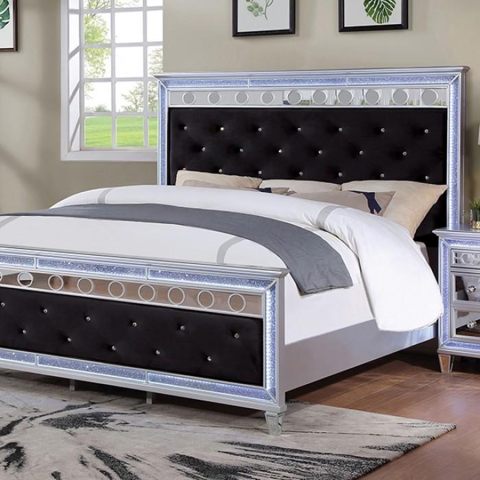 

    
Glam Silver/Black Solid Wood California King Panel Bed Furniture of America Mairead CM7541BK-CK
