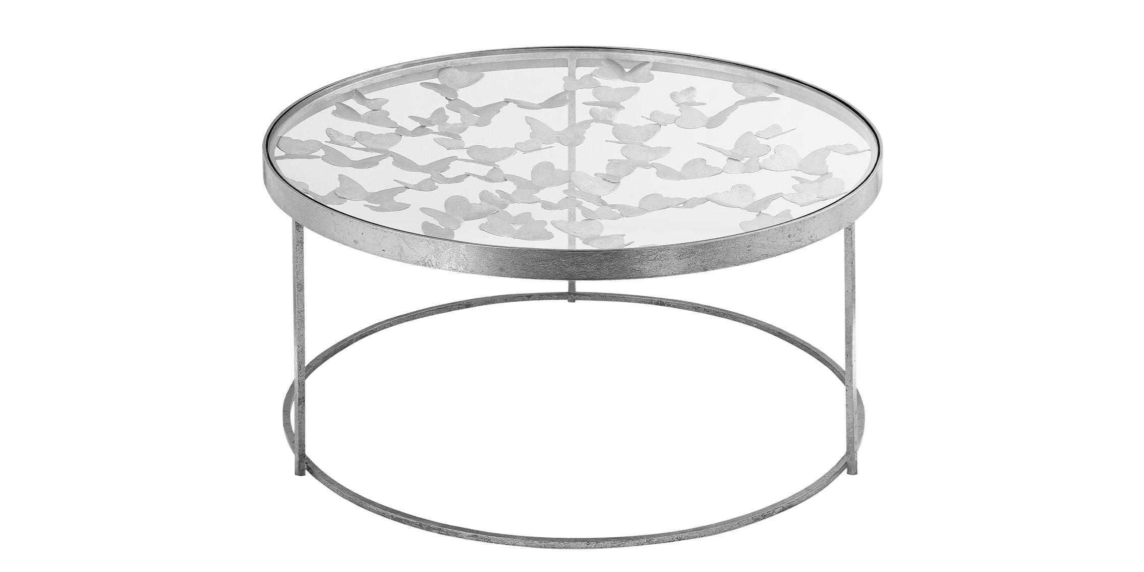 

    
Glam Silver Foil & Glass Top Coffee Table BUTTERFLY 471-C Meridian Modern
