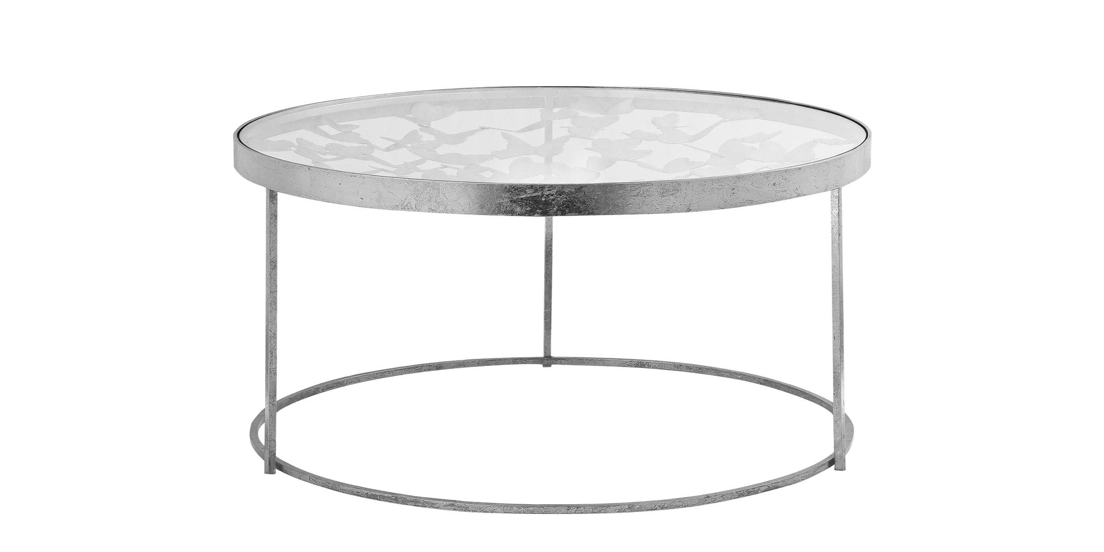 

    
 Order  Glam Silver Foil & Glass Top Coffee Table Set 4 BUTTERFLY 471-C Meridian Modern

