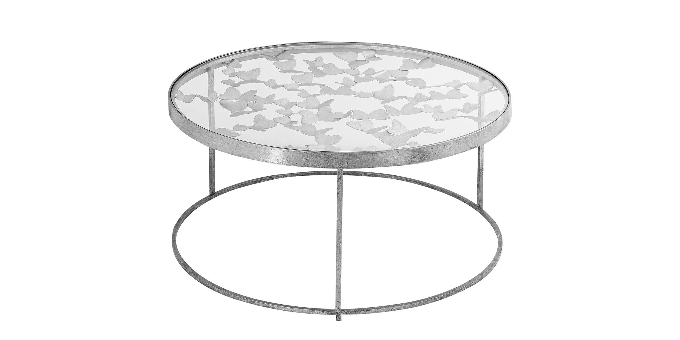 

    
Glam Silver Foil & Glass Top Coffee Table Set 4 BUTTERFLY 471-C Meridian Modern
