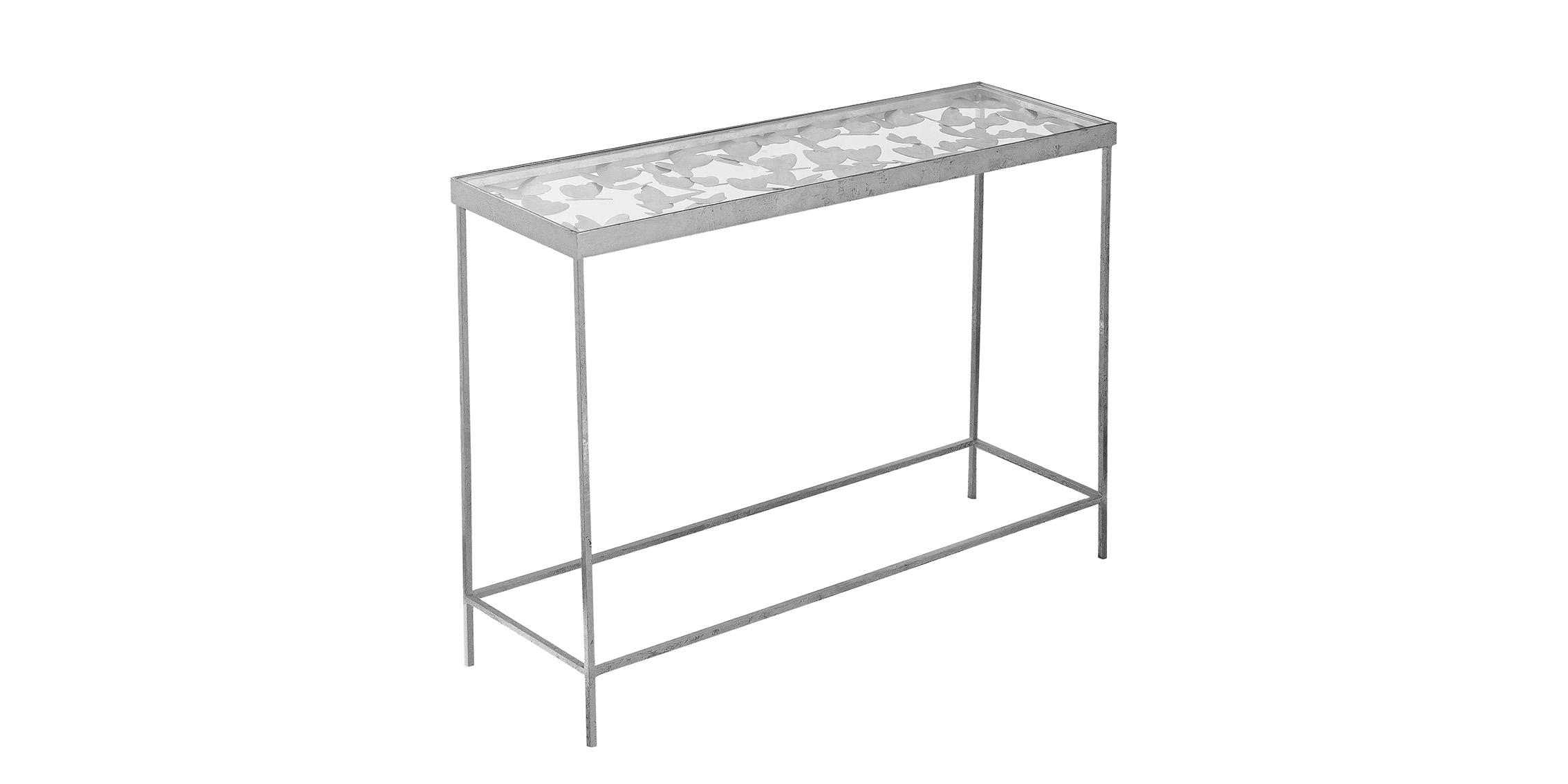 

    
Glam Silver Foil & Glass Top Console Table BUTTERFLY 471-T Meridian Modern
