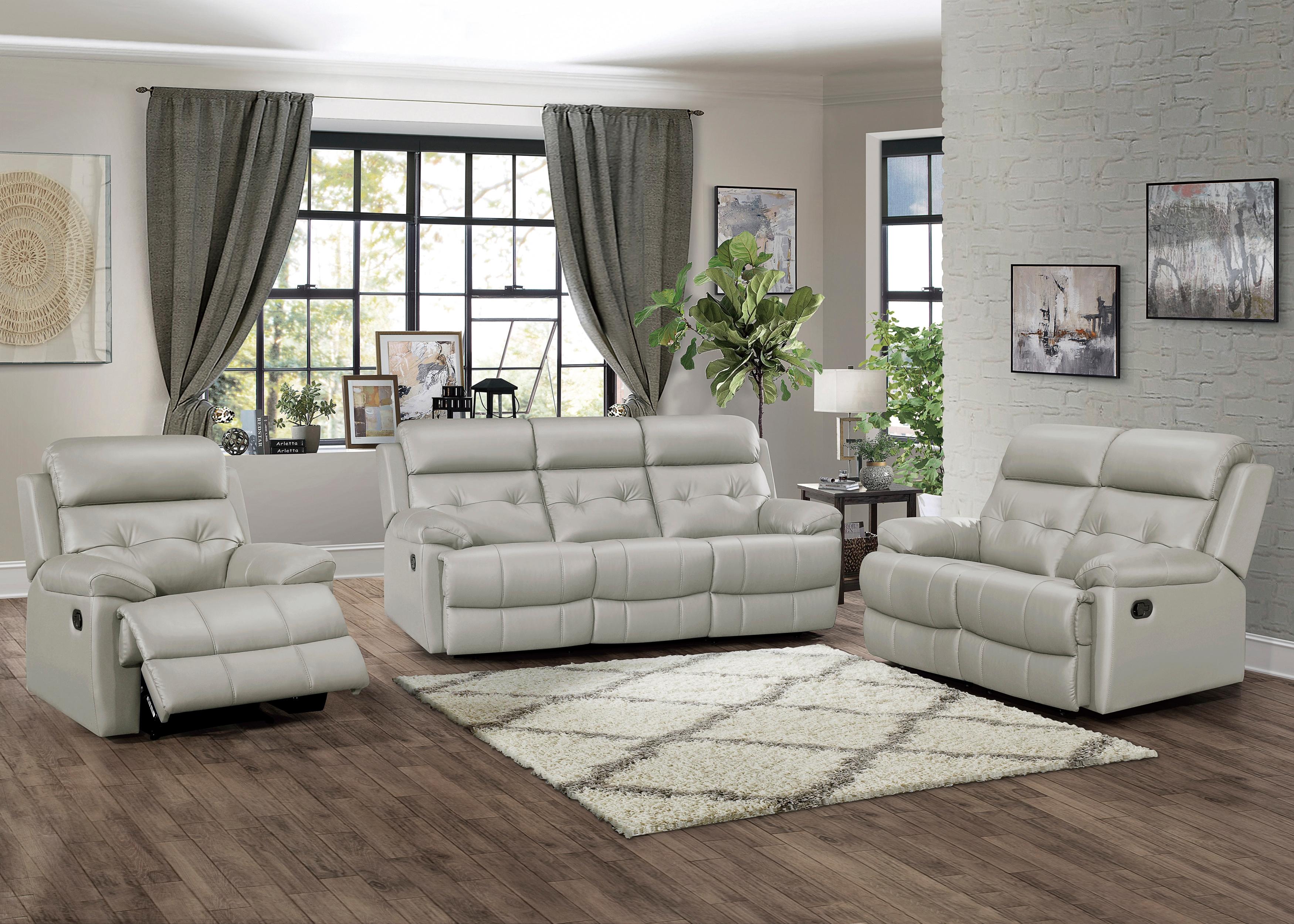 

    
Glam Silver Gray Leather Reclining Sofa Set 3pcs Homelegance 9529SVE Lambent
