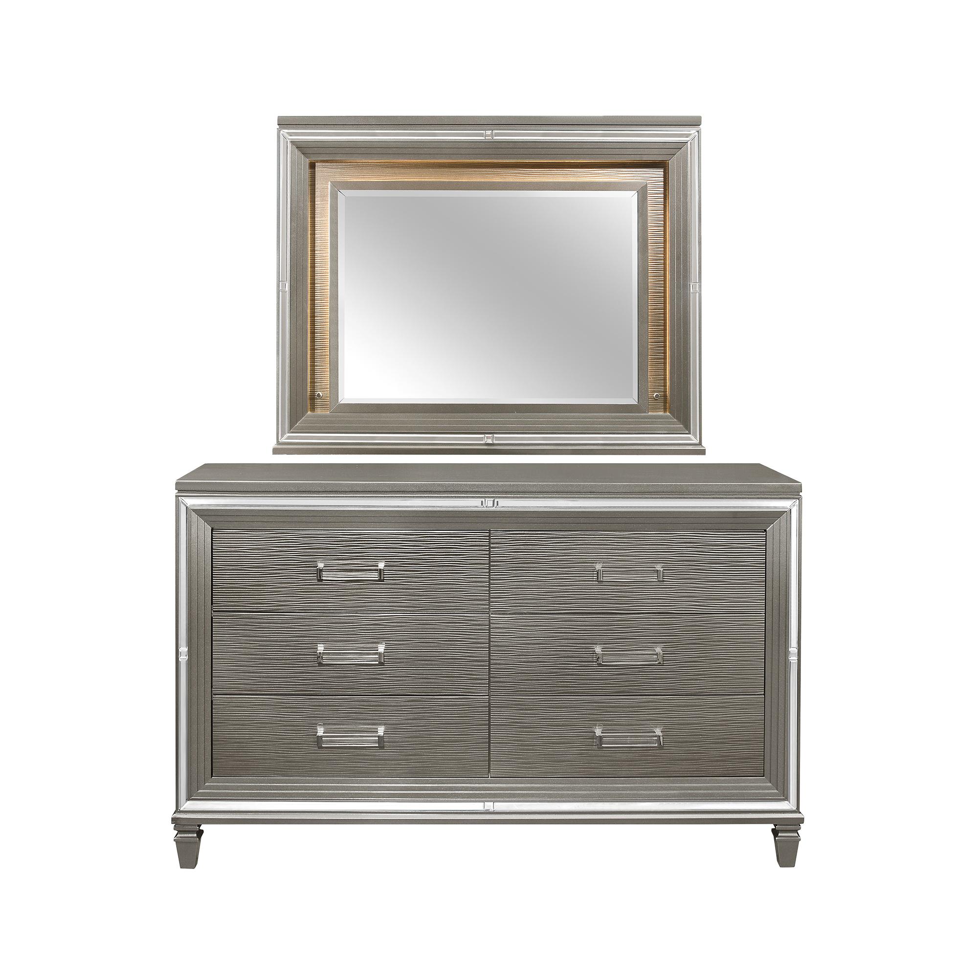 

    
Glam Silver Gray Metallic Wood Dresser w/Mirror Homelegance 1616-5*6 Tamsin
