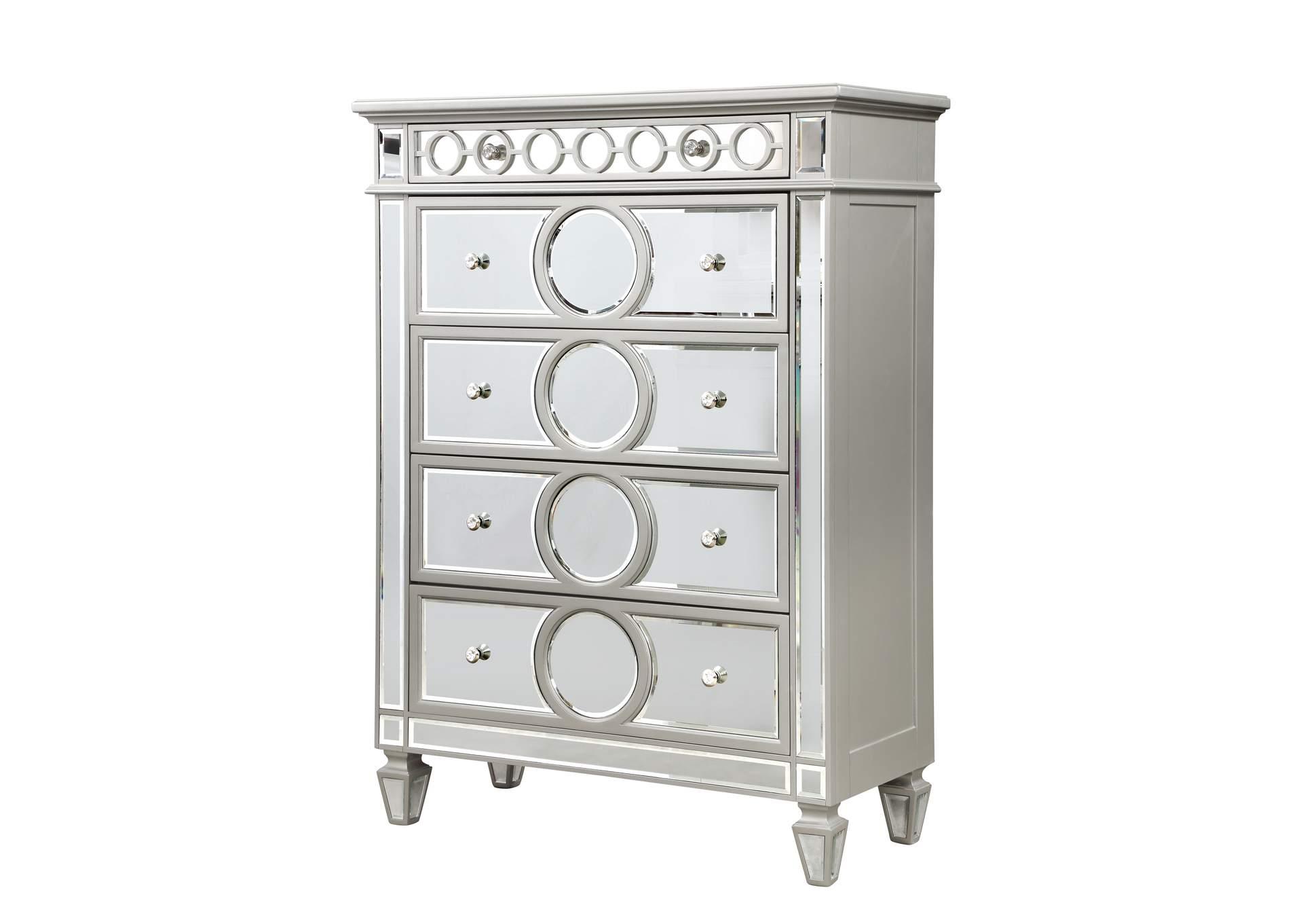 

    
Glam Silver & Mirror Accents 5 Drawers Chest Contemporary McFerran B1688
