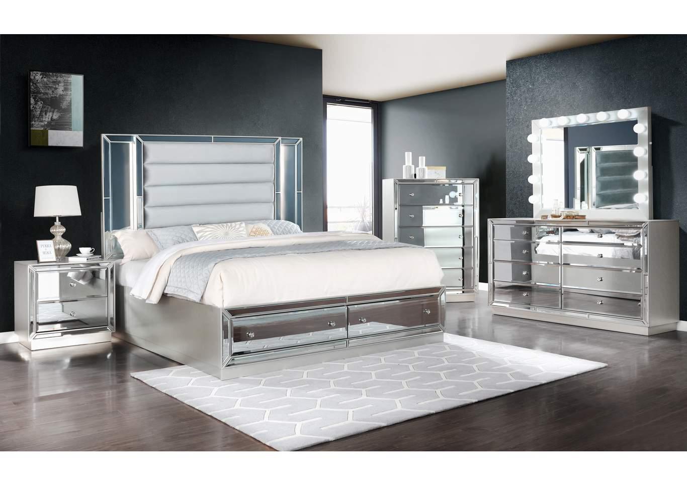 

    
Glam Silver & Mirror Inlay Queen Storage Bed INFINITY Galaxy Home Contemporary
