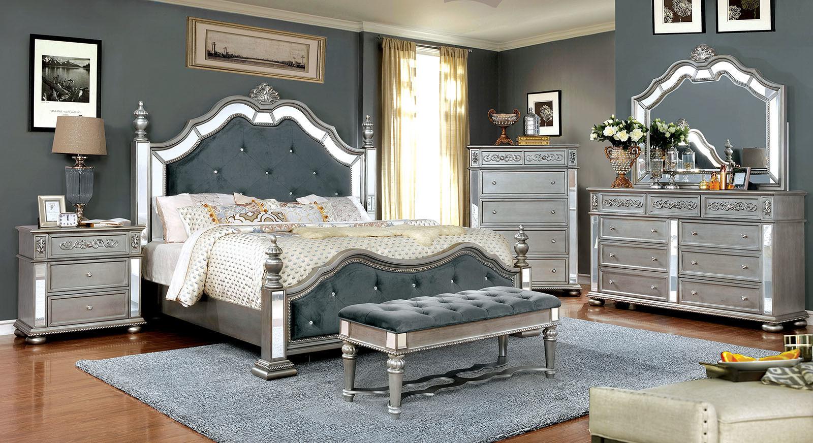 

                    
Furniture of America CM7194-EK Azha Poster Bed Silver Fabric Purchase 
