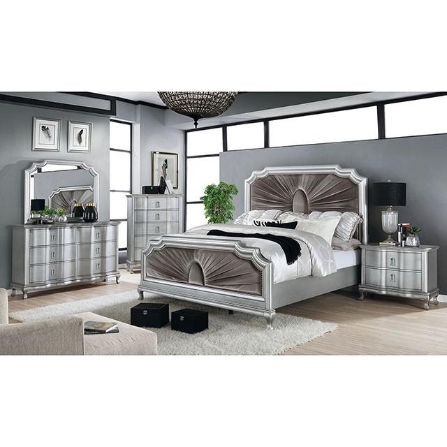 

    
Glam Silver Solid Wood King Panel Bedroom Set 5PCS Furniture of America Aalok CM7864-EK-5PCS
