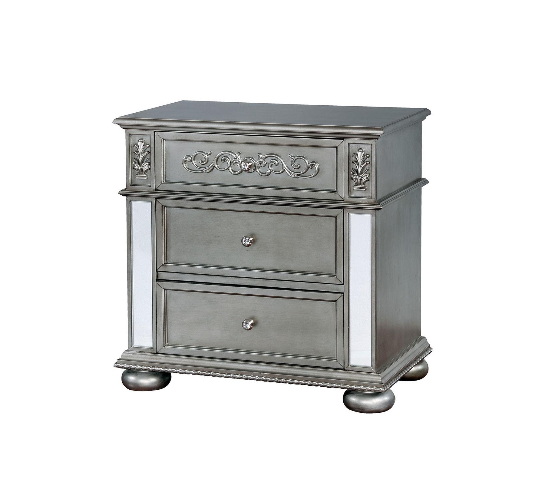 

    
Glam Silver Solid Wood Nightstand Furniture of America CM7194N Azha
