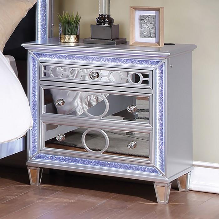 

    
Glam Silver Solid Wood Nightstand Furniture of America Mairead CM7541N-N
