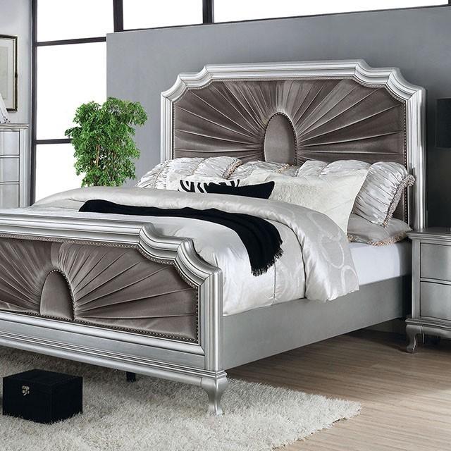 

    
Glam Silver Solid Wood Queen Panel Bed Furniture of America Aalok CM7864-Q
