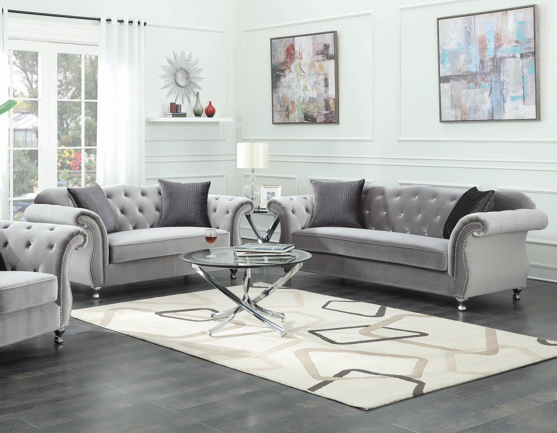 Contemporary Living Room Set 551161-S2 Frostine 551161-S2 in Silver Velvet