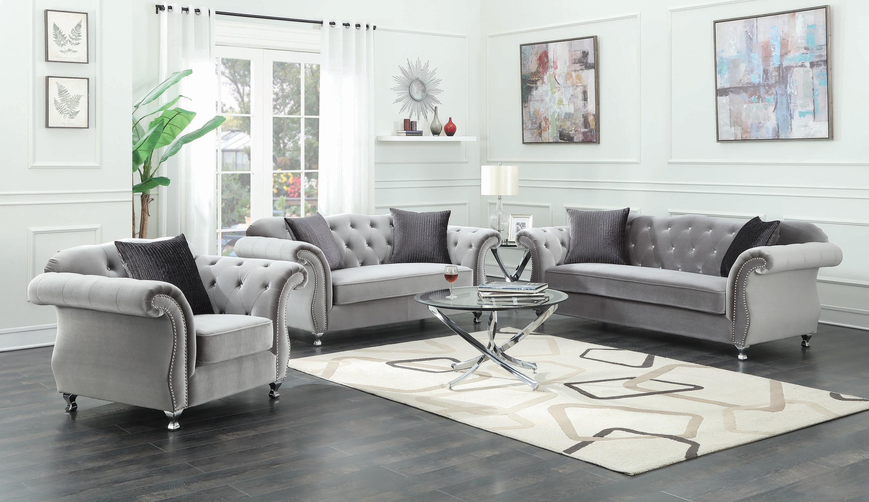Contemporary Living Room Set 551161-S3 Frostine 551161-S3 in Silver Velvet
