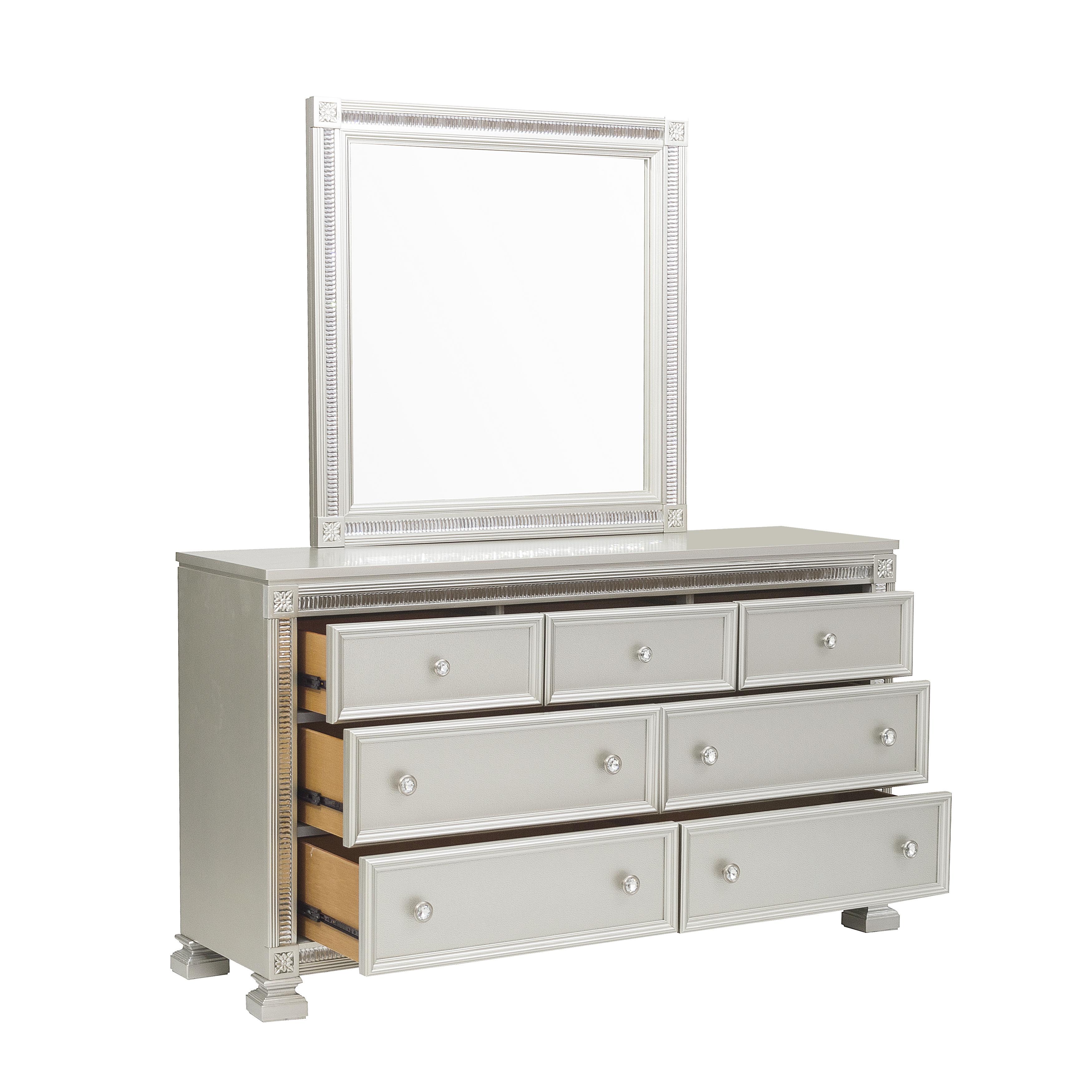 

    
Glam Silver Wood Dresser  w/Mirror Homelegance 1958-5*6 Bevelle
