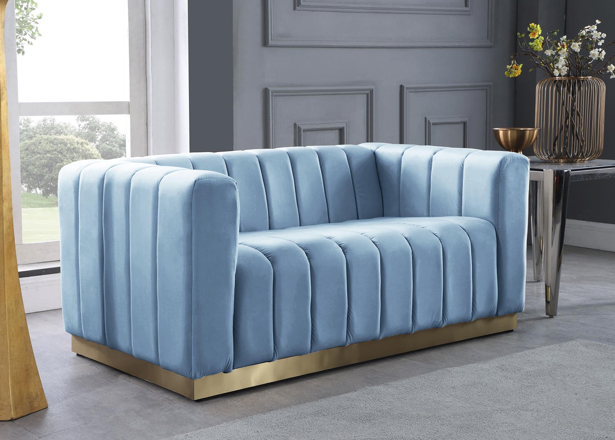 

        
Meridian Furniture MARLON 603SkyBlu-L Loveseat Light Blue/Gold Velvet 704831408614
