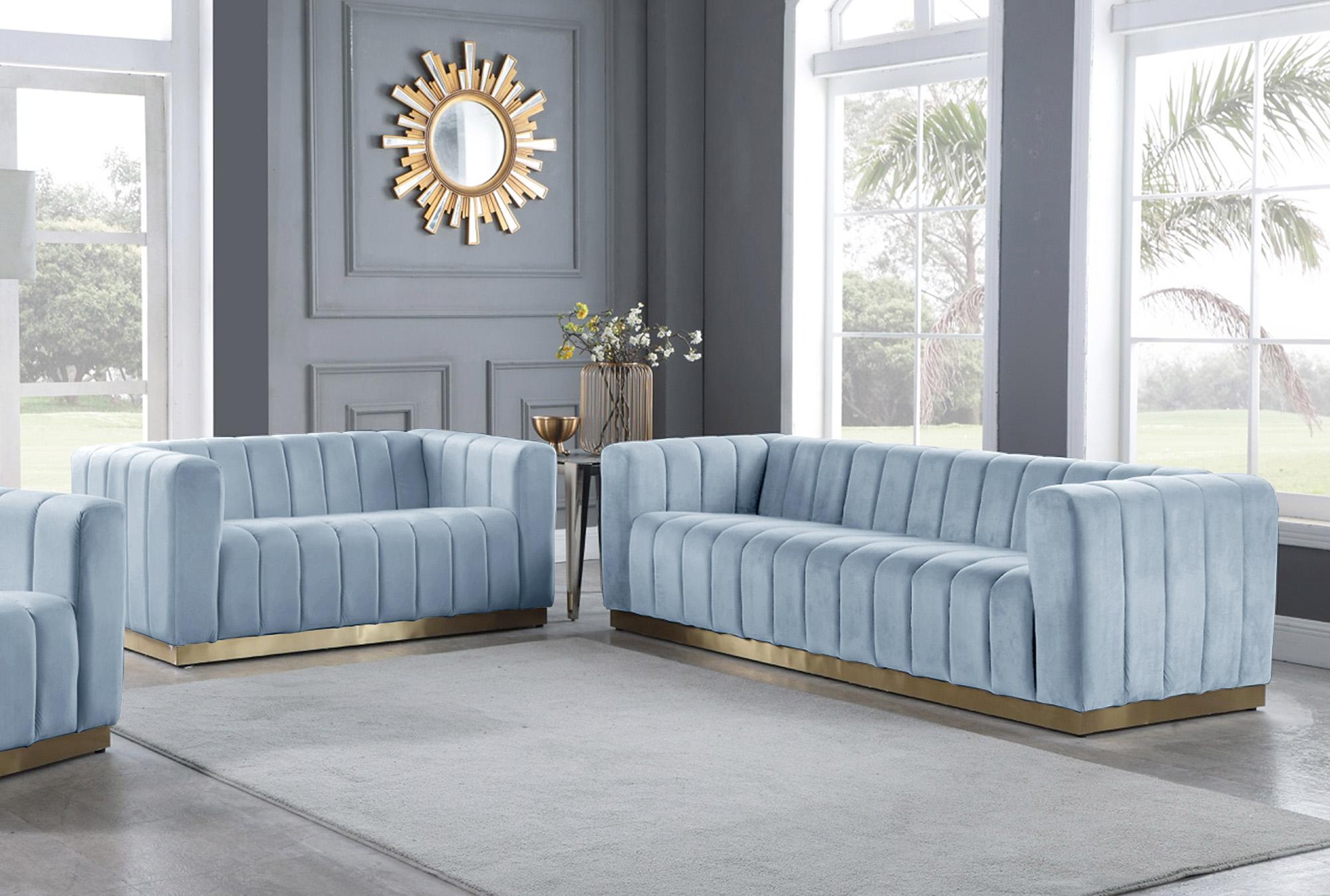 

    
 Shop  Glam Sky Blue Velvet Tufted Sofa Set 2Pcs MARLON 603SkyBlu-S Meridian Modern
